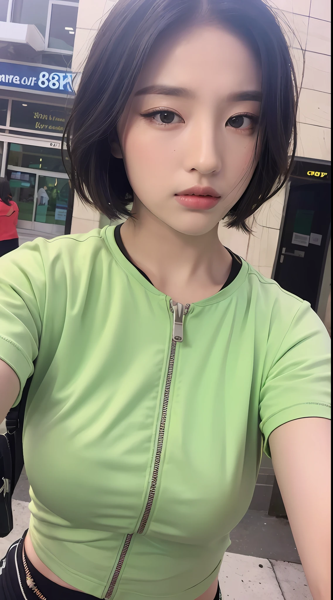 ((Best quality, 8k, Masterpiece :1.3)), Sharp focus:1.2, Perfect Body Beauty:1.4, ((Layered short hair: 1.2)), (Light green sports T-shirt with zipper: 1.1 ), (Street: 1.2), Highly detailed face and skin texture, Fine eyes, Double eyelids,