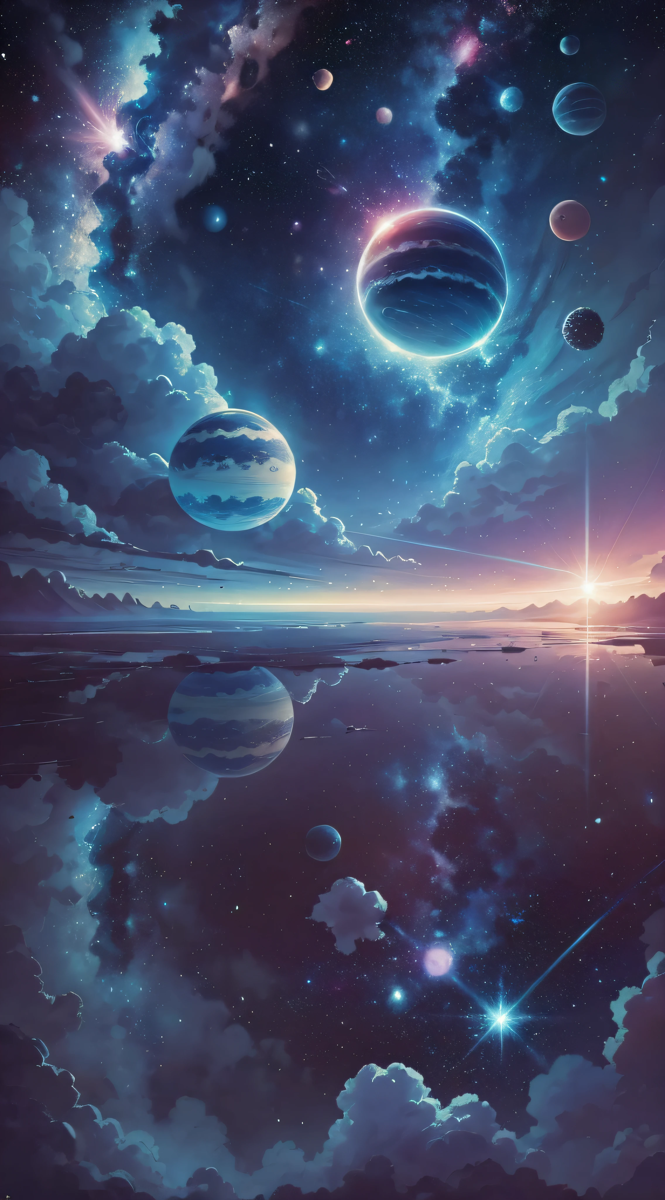 space with all the planets blue and pink colour with bright white stars  background in the style of Miyazaki, —ar 21:9 --auto --s2