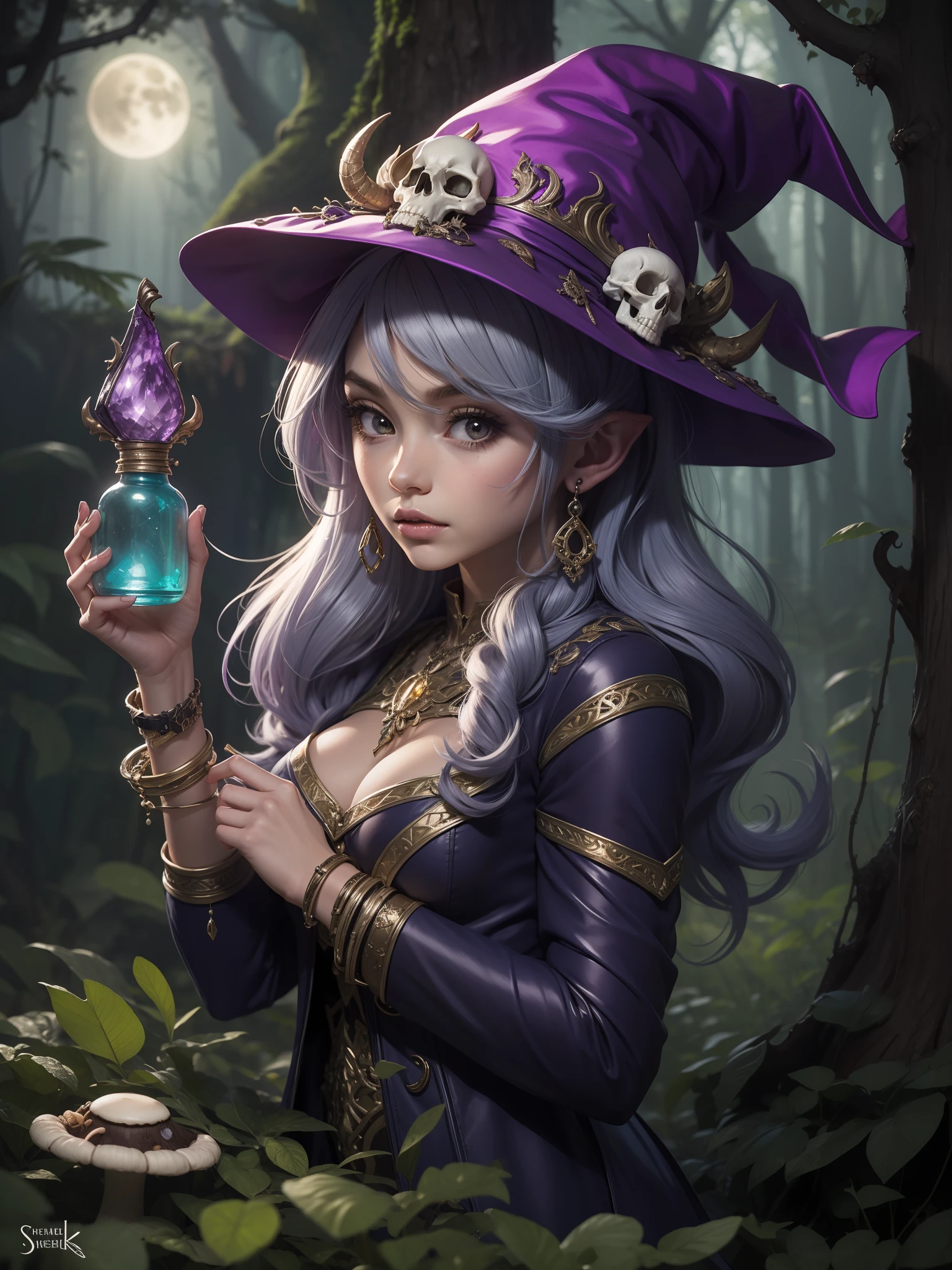 (1girl), witch hat, demon horns, fungus, mushroom forest, amethyst, red crimson moon, dark fantasy forest, magical poisons and artifacts, potions in skull shaped bottles, sparkles, night