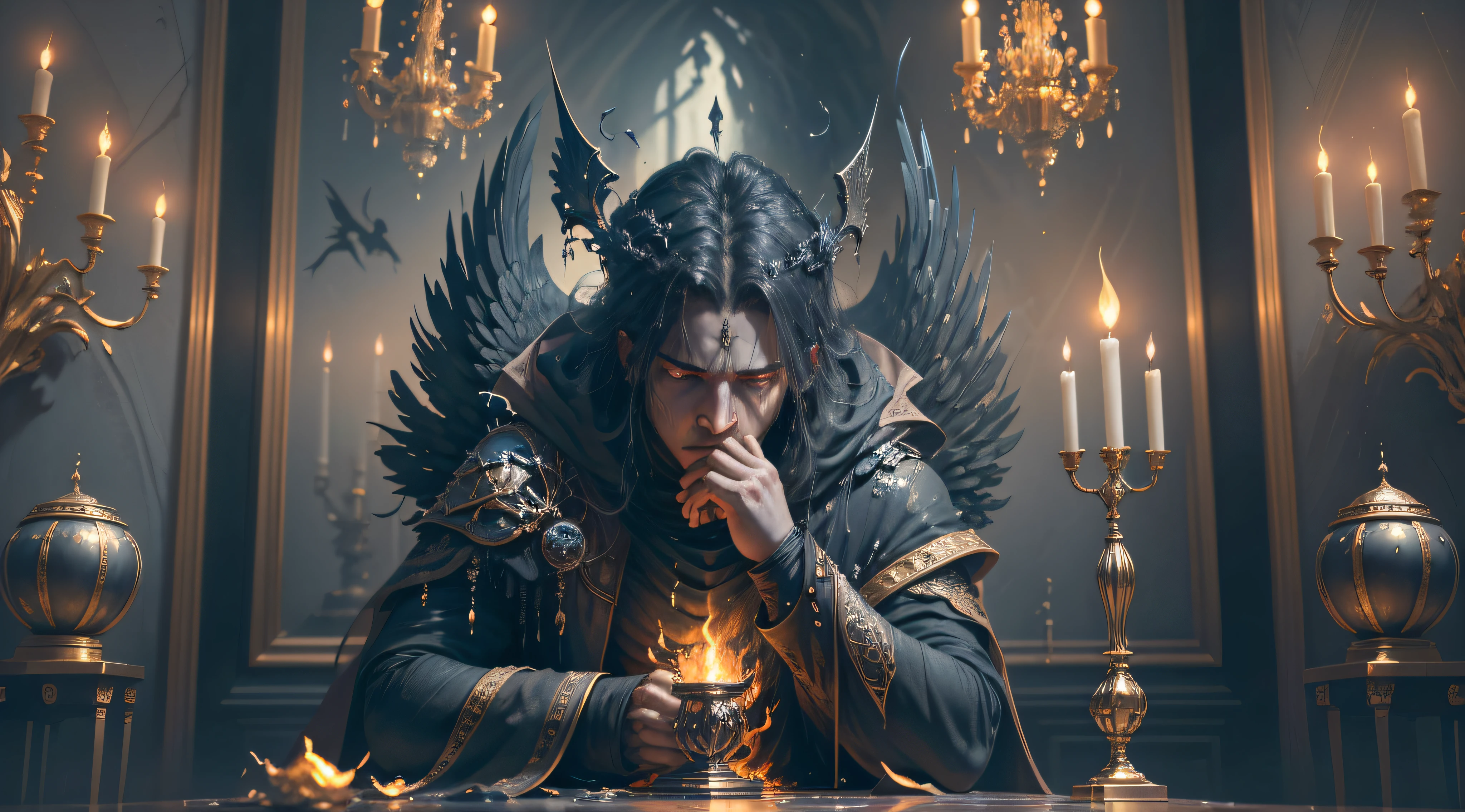 The oil painting depicts Icarus, a legendary figure from Greek mythology, in a night scene filled with desolation and disdain. Icarus is seated on a high throne, majestic and imposing, made of wax and melted candles. The throne rises above the ground, conferring on Icarus a position of superiority in the midst of darkness. The room around you is shrouded in a deep darkness, with black walls that absorb any trace of light.
Icarus, with an expression of contempt and boredom on his face, demonstrates his dissatisfaction with the condition in which he finds himself. His vague, bored gaze reflects the monotony and discontent of his existence. His face sculpted in dark and contrasting tones, accentuated by keen eyes, conveys a mixture of defiance and hopelessness.
His body is carved out of molten candle, as if he were constantly transforming and consuming himself by fire. The wax drips down your shoulders and limbs, creating a fluid and unstable appearance. The wings, a once grand symbol of their freedom, are now melted and distorted, devoid of their former glory.
Icarus is in the pose of boredom, sitting on the throne, with a relaxed posture that reflects his disinterest in the world around him. To complement his figure, he wears a chandelier crown on his head. The melted candles on the chandelier cast a quivering, jagged light, casting ominous shadows across the room. Melted wax also drips down the walls, adding a sense of decay and abandonment to the environment.
The painting evokes a dark and melancholic atmosphere, conveying the feeling of a being trapped in its own tragic fate. Icarus, once ambitious and fearless, is now imprisoned on a throne of melted wax, surrounded by a desolate and oppressive room. The expression of contempt and boredom on his face, combined with the pose of boredom and the crown of chandelier, underscores his disenchantment with the human condition and the inevitability of his downfall.