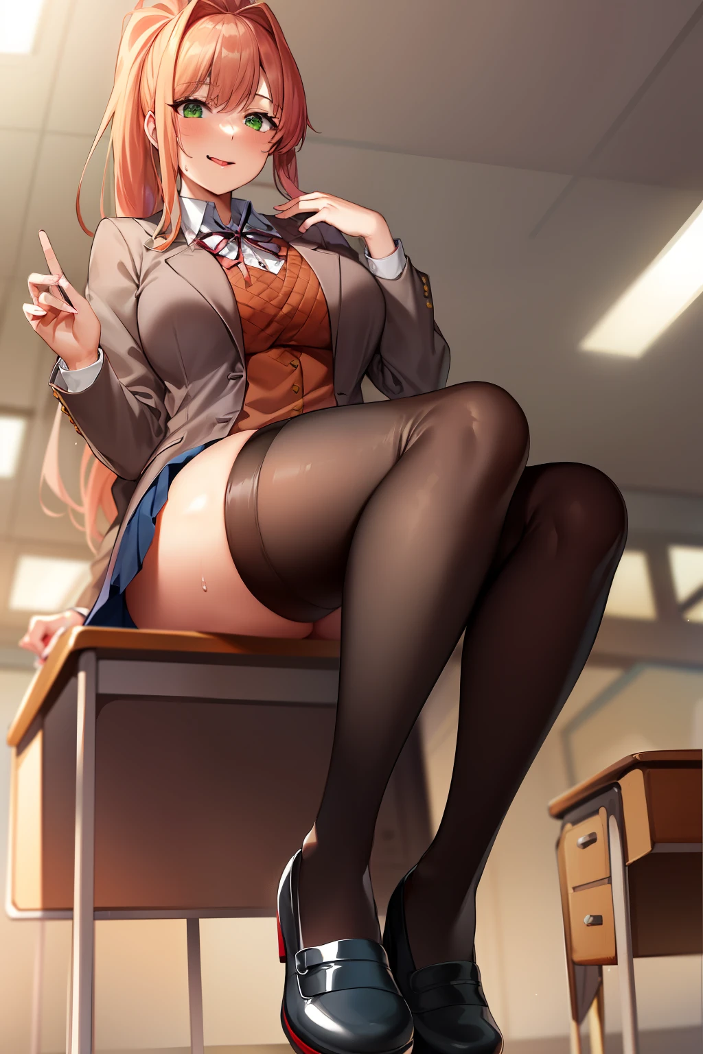 2d, masterpiece, best quality, anime, highly detailed, 1girl, solo, monika, green eyes, very long hair, ponytail, school uniform, straight-on, smile, (full body:1.5), giantess, smile, (from below:1.5), thick thighs, looking down at viewer, upskirt, (large breasts:1.3), field, (looming:1.3), mature female, high quality, hd quality, masterpiece, photorealistic, (presenting foot, shoe soles, close-up foot:1.3), intense angle, :d, (sitting on desk:1.6), very low angle, female pervert, toragao, (sitting:1.5), (white undershirt, orange sweater:1.2), (brown jacket:1.4), (absolute territory, black thighhighs:1.4), (uwabaki:1.5), full body in frame, (classroom, indoors:1.3), clasroom desk, blue skirt, (hand on desk:2), (one hand at side:1.6), (licking lips, licking own lips:1.1), (sweat:1.2), anime girl sitting on a desk with her legs crossed, hyperrealistic schoolgirl, realistic schoolgirl, a hyperrealistic schoolgirl, seductive anime girl, smooth anime cg art, thighs close up, thighs!!!, beautiful anime girl squatting, commission for high res, large thighs, extremely detailed artgerm, sitting on a desk, on a desk