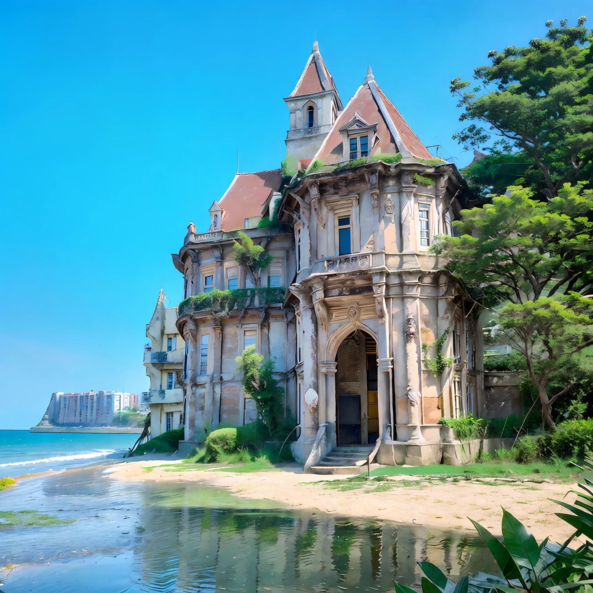 Hogwarts with baroque architecture on the beach with vegetation and fauna typical of Salvador Bahia. --auto