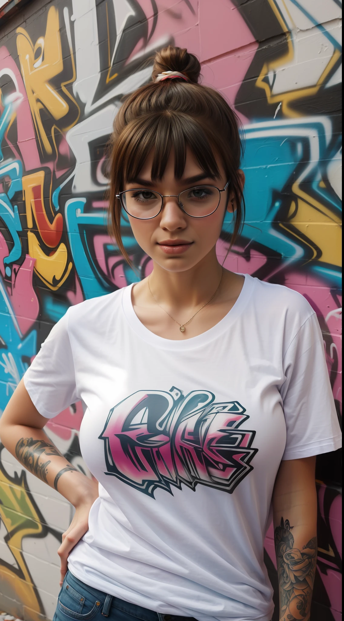 1beautiful nerd girl, big breasts, white t-shirt, tattoos, abstract background graffitti