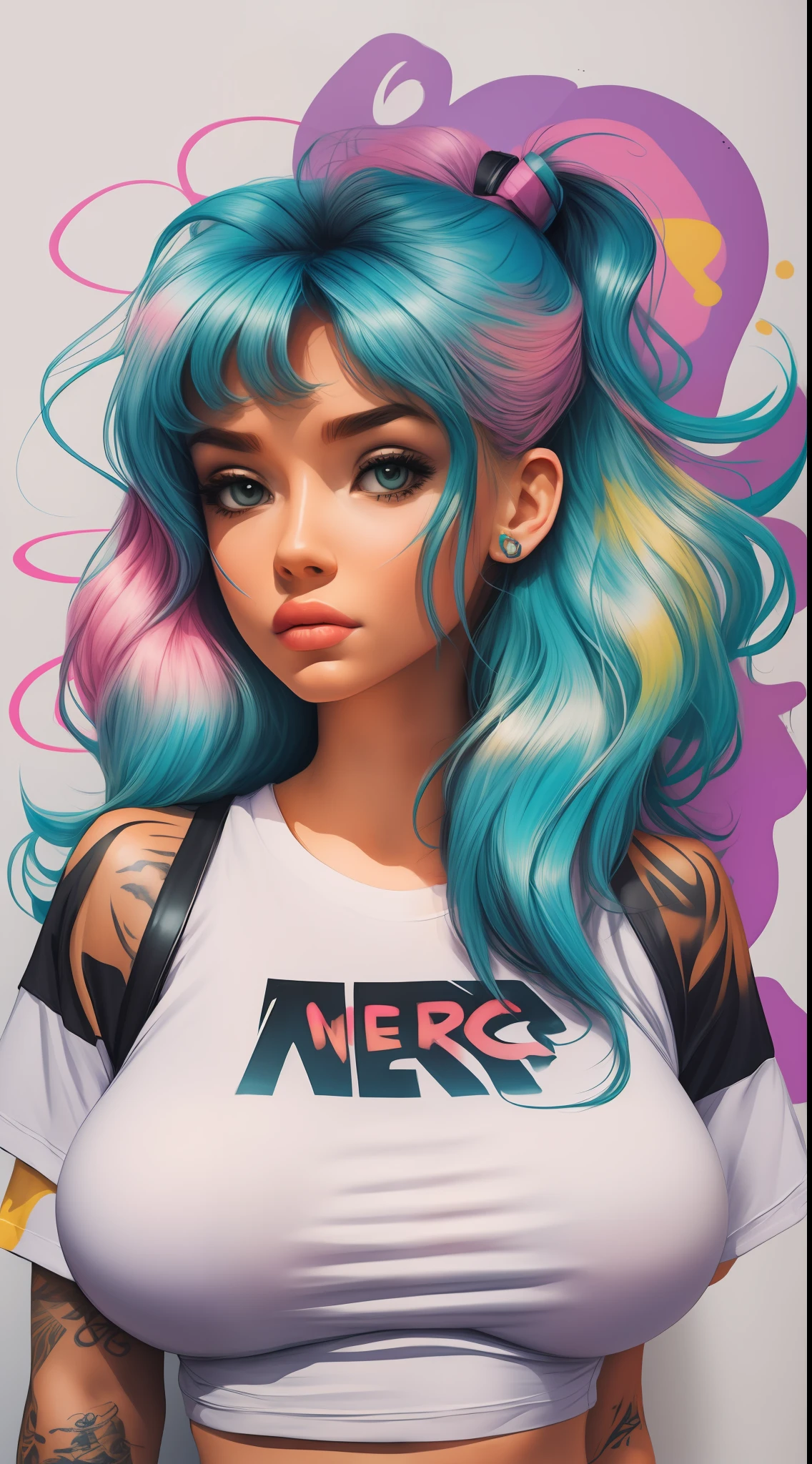 1beautiful nerd girl, big breasts, white t-shirt, tattoos, abstract background graffitti