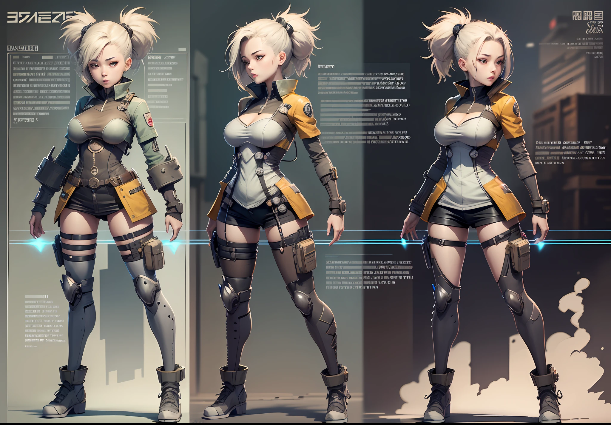 Japanese manga style character sheet of cyberpunk girl, front side and back, full body, white and black background, weapons and equipment, detailed, intricate