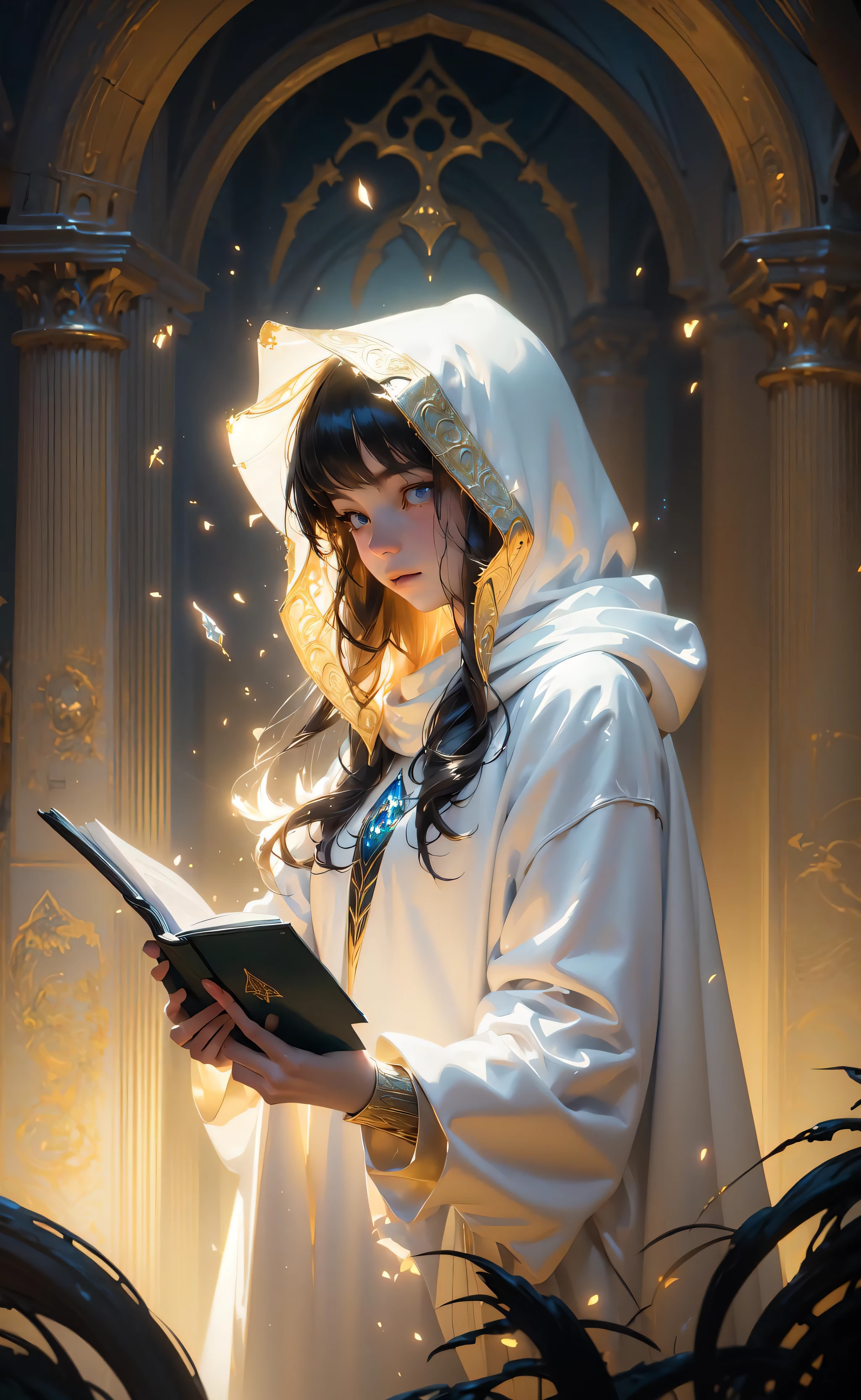 masterpiece, best quality, illustration, John Singer Sargent, young sorceress studying, hood up, moody lighting, tranquil, calm, glow, glowing, mystical, magical, rim lighting