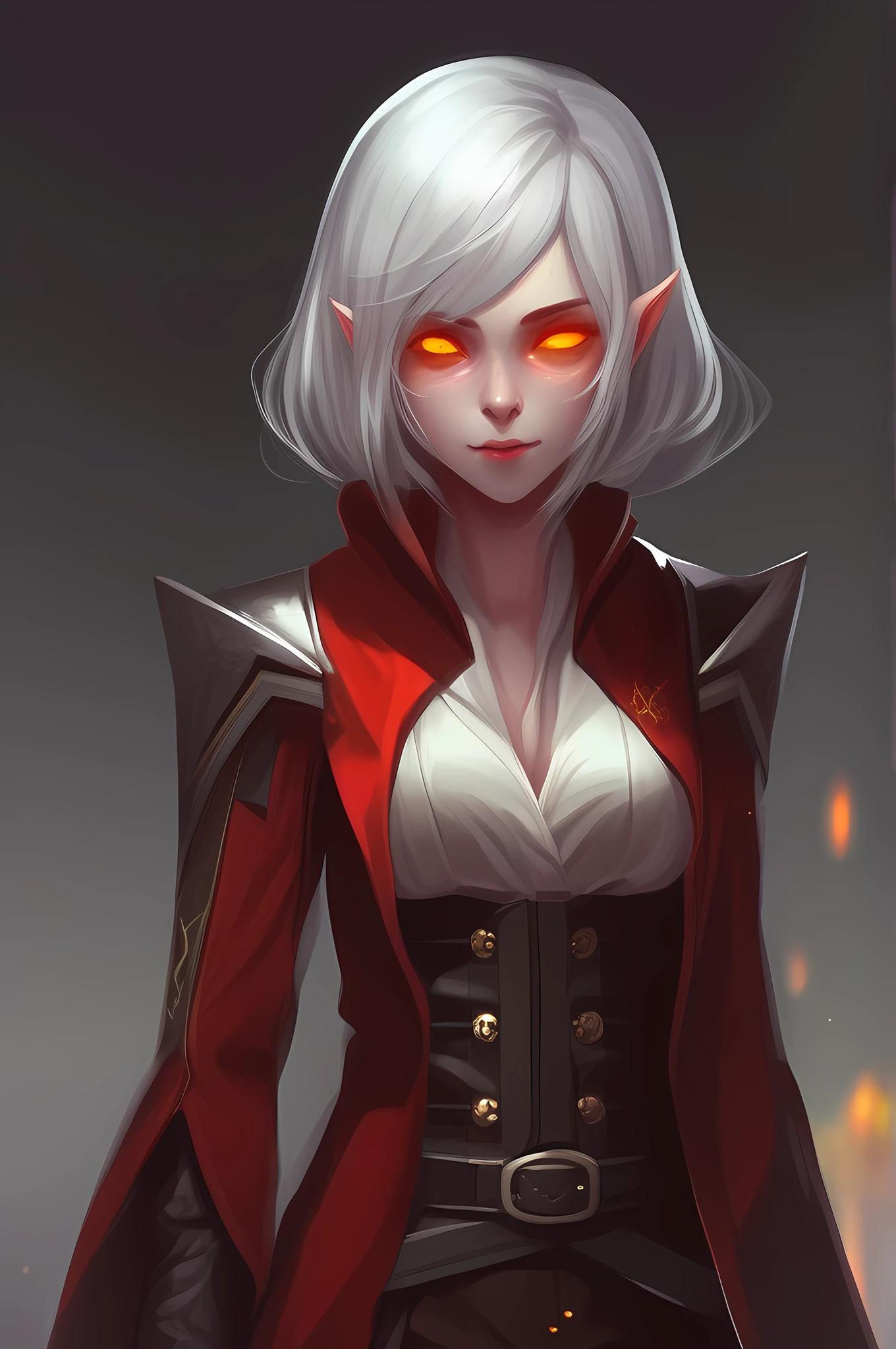darkest_diffusion, elf, 1girl, beautiful, (tired, sad):1.4),(grey hair, bob cut, ((fine facial features)),),(white outfit, red outfit accents, assasin-style outfit, military coat, boots),(glowing yellow eyes:1.2),(using dark magic:1.4),(absurdres, highres, ultra detailed), 1 woman, adult, finely detailed eyes and detailed face, the fool \tarot\, bard, clown, Symbolism, Visual art, Occult, Universal, Vision casting, Philosophical, Iconography, Numerology, Popularity, Artistic, Alfons Mucha