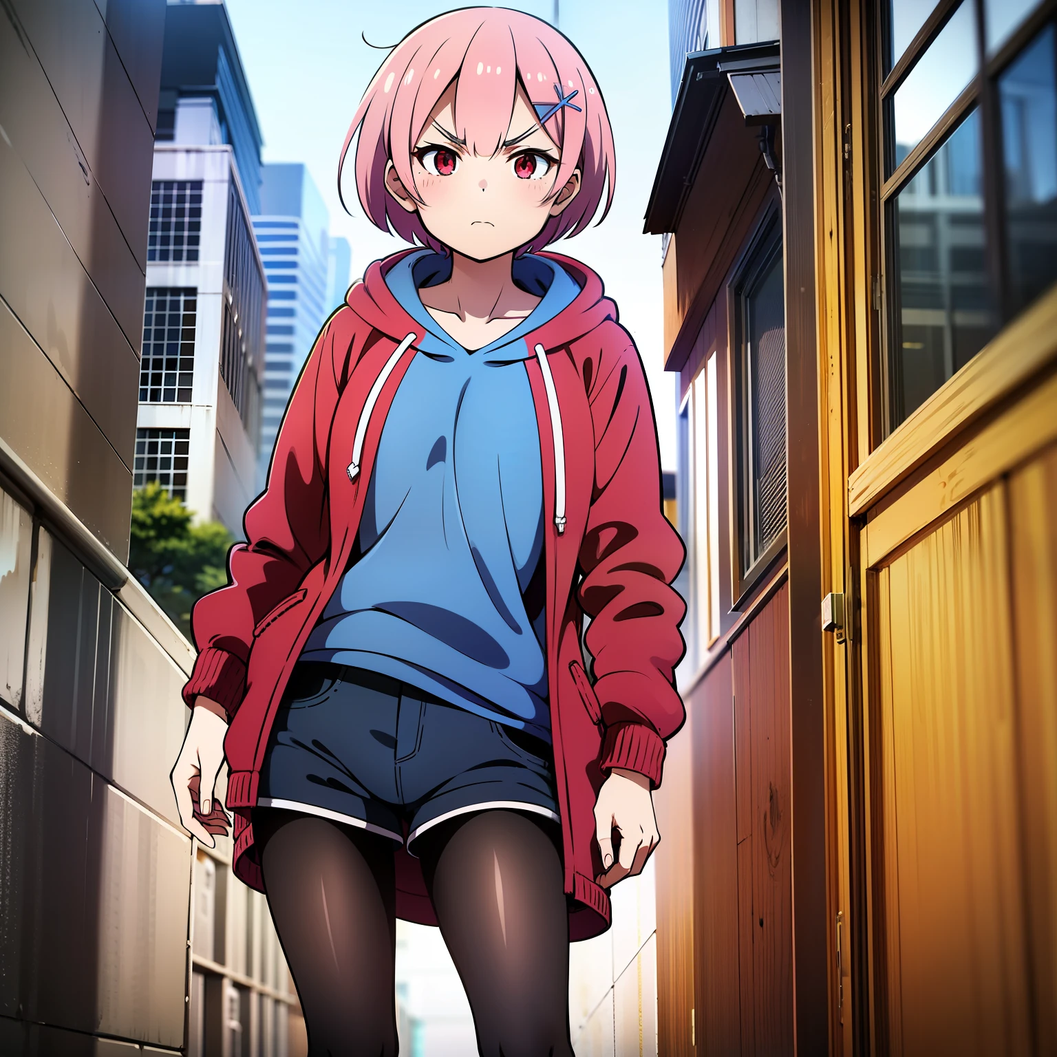 masterpiece, rem rezero, pink hair, red eyes, detailed eyes, neutral face almost angry, eyes almost closed, red jacket hoodie, blue shirt, dark shorts, pantyhose, casual oufit, standing in the middle of the street, legs apart, simple pose, facing the viewer