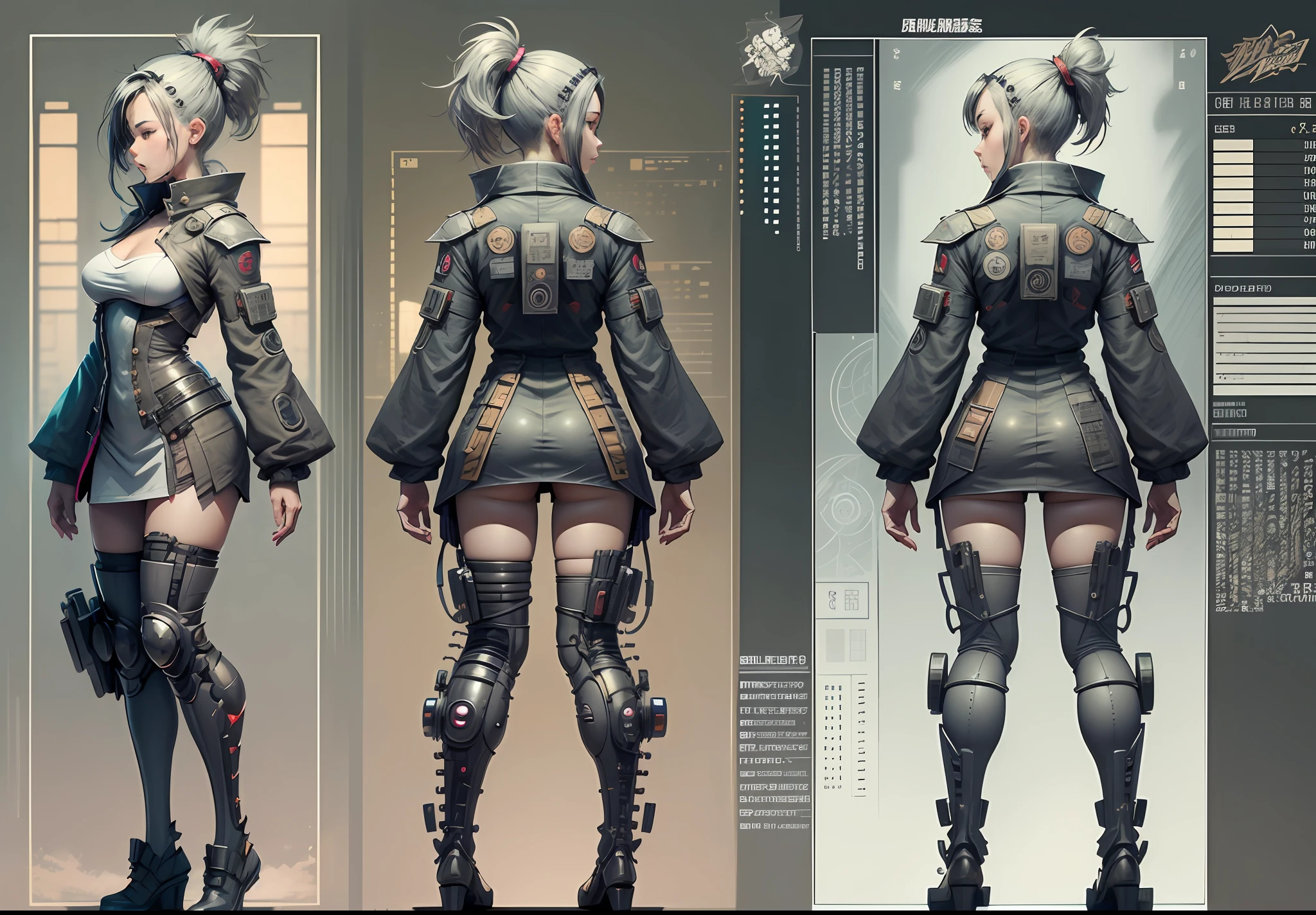 Japanese manga style character sheet of cyberpunk girl, front side and back, full body, white and black background, detailed, intricate