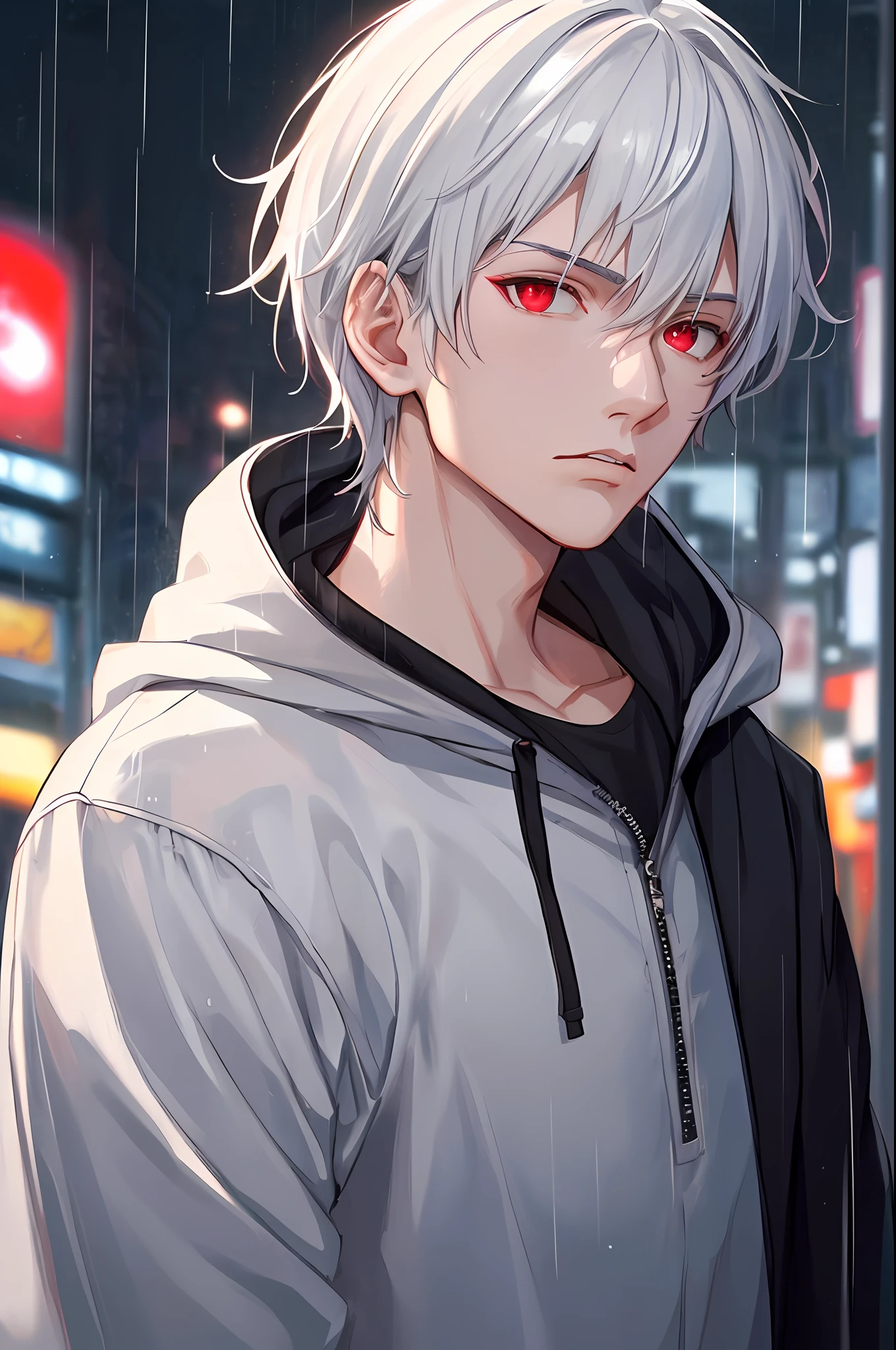kk, best quality, more details, masterpiece, 1boy, portrait, male focus, red eyes, solo, fringe, looking at viewer, hood, short hair, rain, tokyo tokyo \(city\), hood, nail polish, white hair, luxurious, 8k, detailed, ray tracing, depth of field, cinematic lighting, best quality, masterpiece