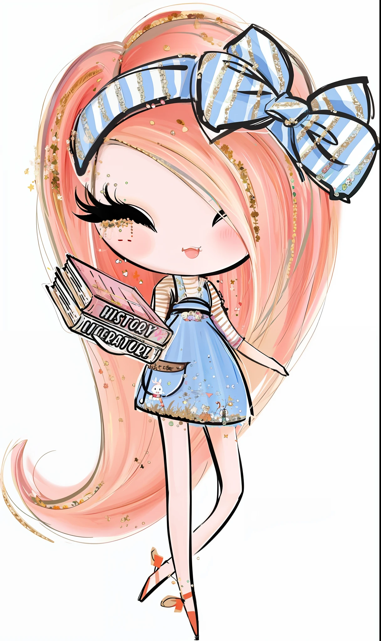 a cartoon girl with a bow holding a book and a book, chibi style, cute art style, charicature, chibi, illustrated in whimsical style, chibi girl, cute artwork, by Marie Angel, chibi art, fairycore, cartoonish cute, cute cartoon style, seasons!! : 🌸 ☀ 🍂 ❄, cute cartoon, aesthetic cute with flutter, kawaii chibi
