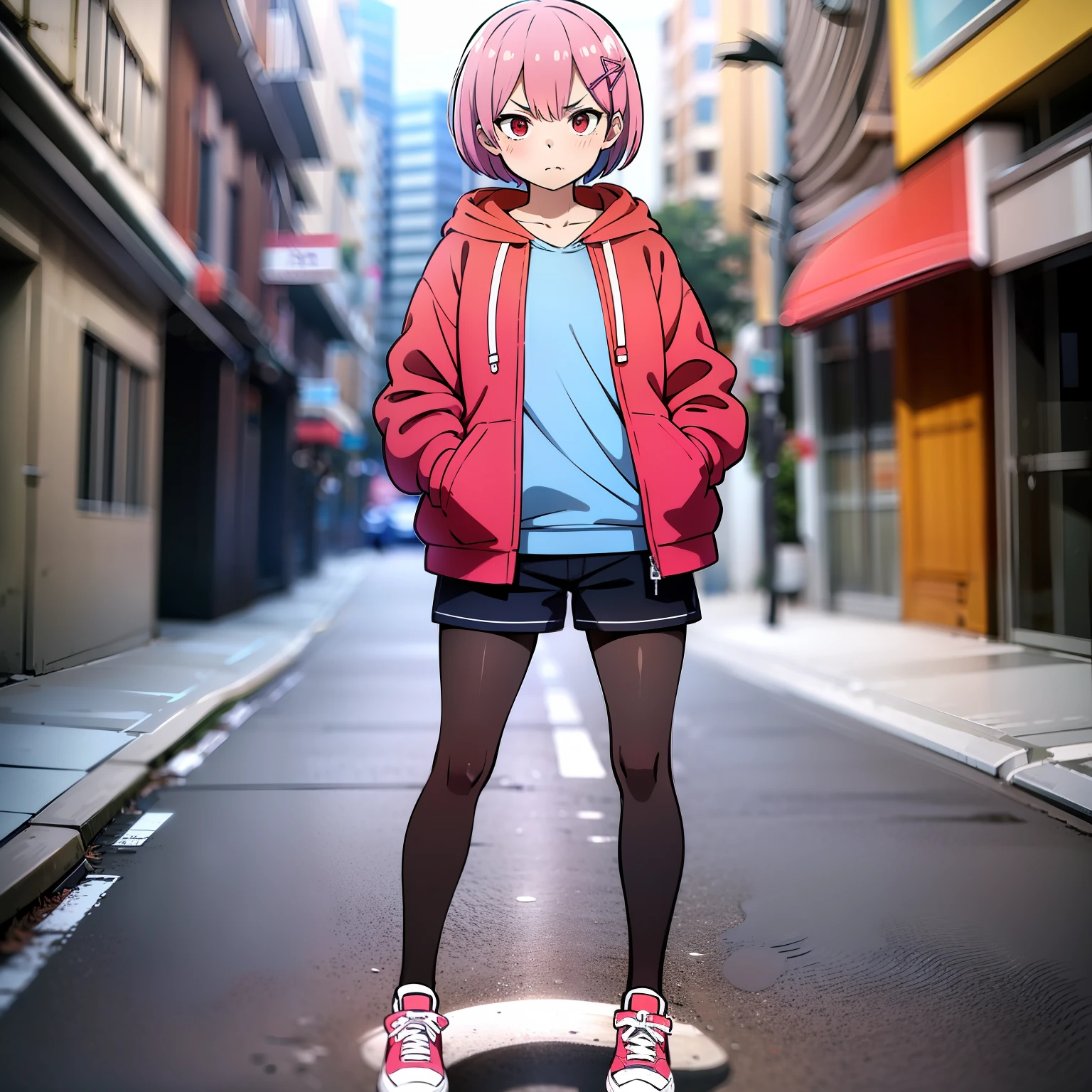 masterpiece, rem rezero, pink hair, red eyes, detailed eyes, neutral face almost angry, eyes almost closed, red jacket hoodie, blue shirt, dark shorts, pantyhose, casual oufit, standing in the middle of the street, legs apart, simple pose, facing the viewer