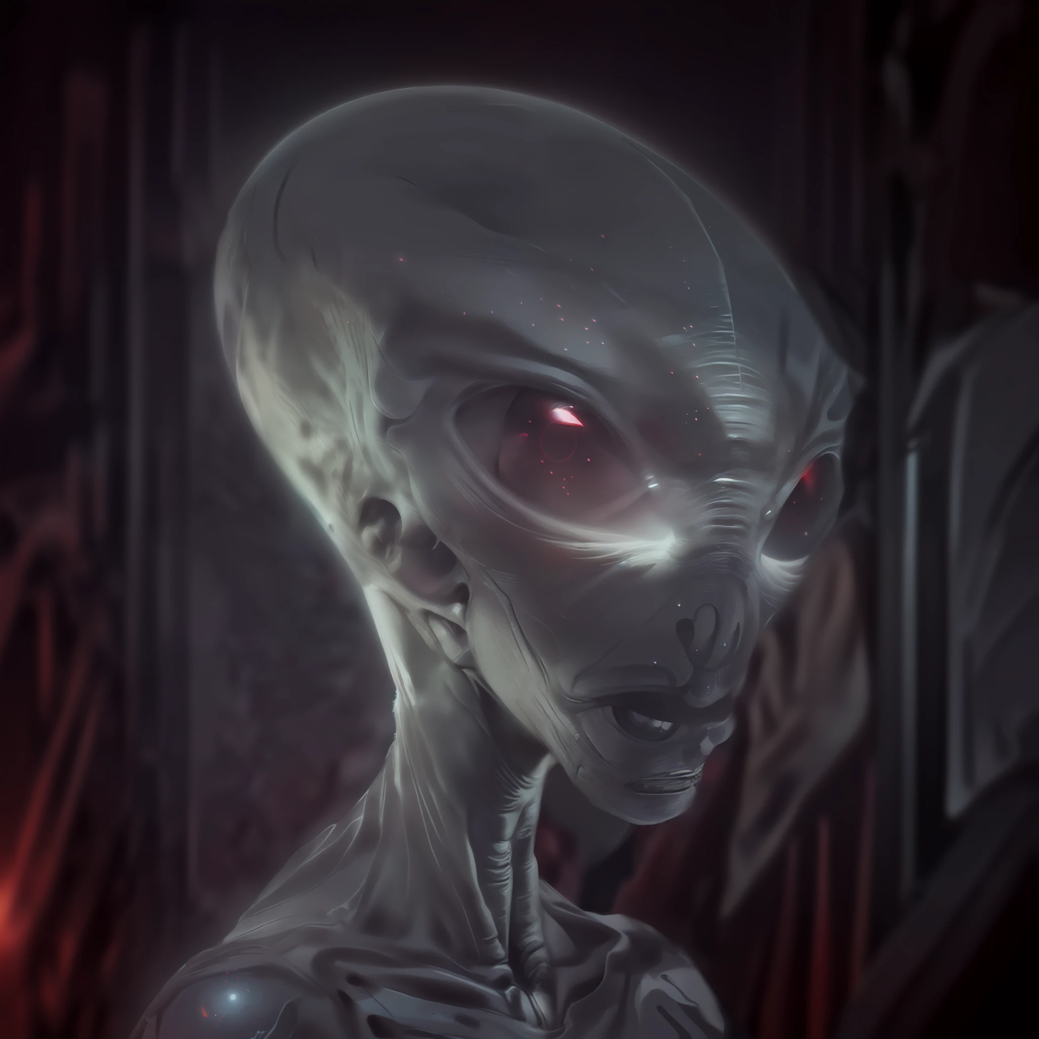 A closeup of a gray alien with a black face, Gray Alien, Gray Alien, Portrait of a Gray Alien, Realistic Alien, Alien Look, Reptilian Space Alien, Gray Aliens, Grey Alien, A Hyper-Detailed Alien, Alien Portrait, Portrait of a Humanoid Alien, Space Alien, Portrait of a Space Alien, Portrait of an Alien, Alien Creature, In the Art Style of Demon Slayer, anime art