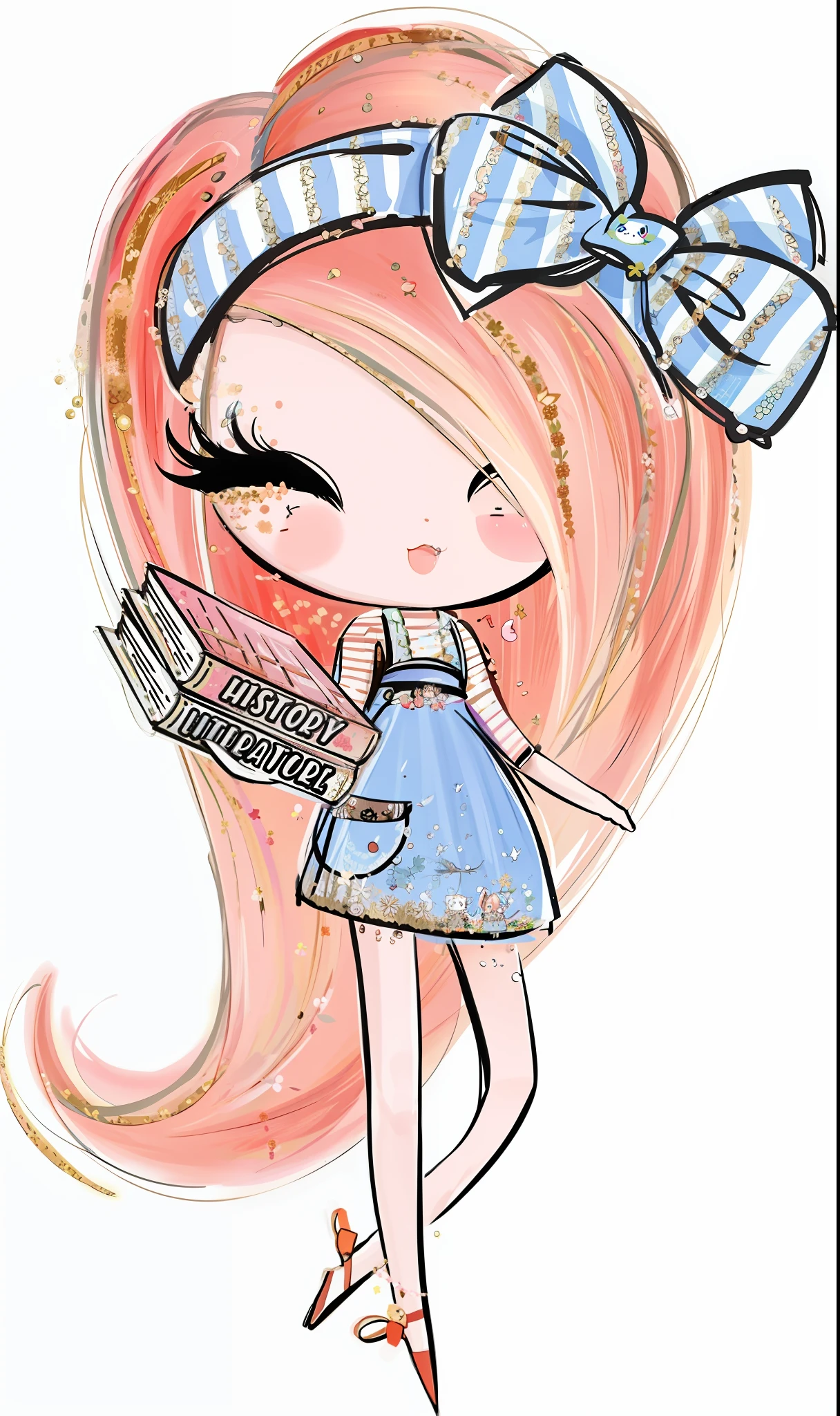 a cartoon girl with a bow holding a book and a book, chibi style, cute art style, charicature, chibi, illustrated in whimsical style, chibi girl, cute artwork, by Marie Angel, chibi art, fairycore, cartoonish cute, cute cartoon style, seasons!! : 🌸 ☀ 🍂 ❄, cute cartoon, aesthetic cute with flutter, kawaii chibi