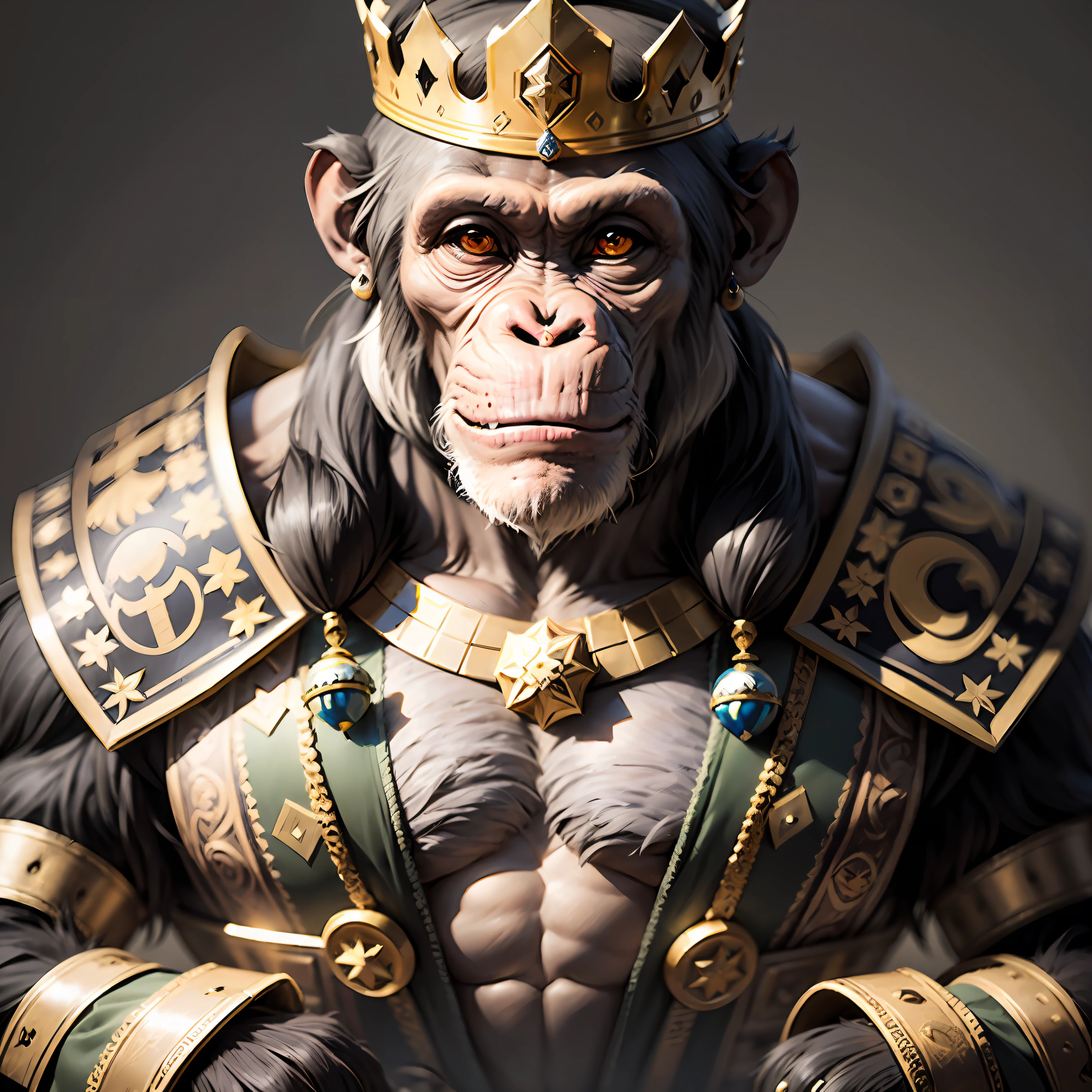 King chimpanzee, with crown and highly detailed props, black background, facing the camera