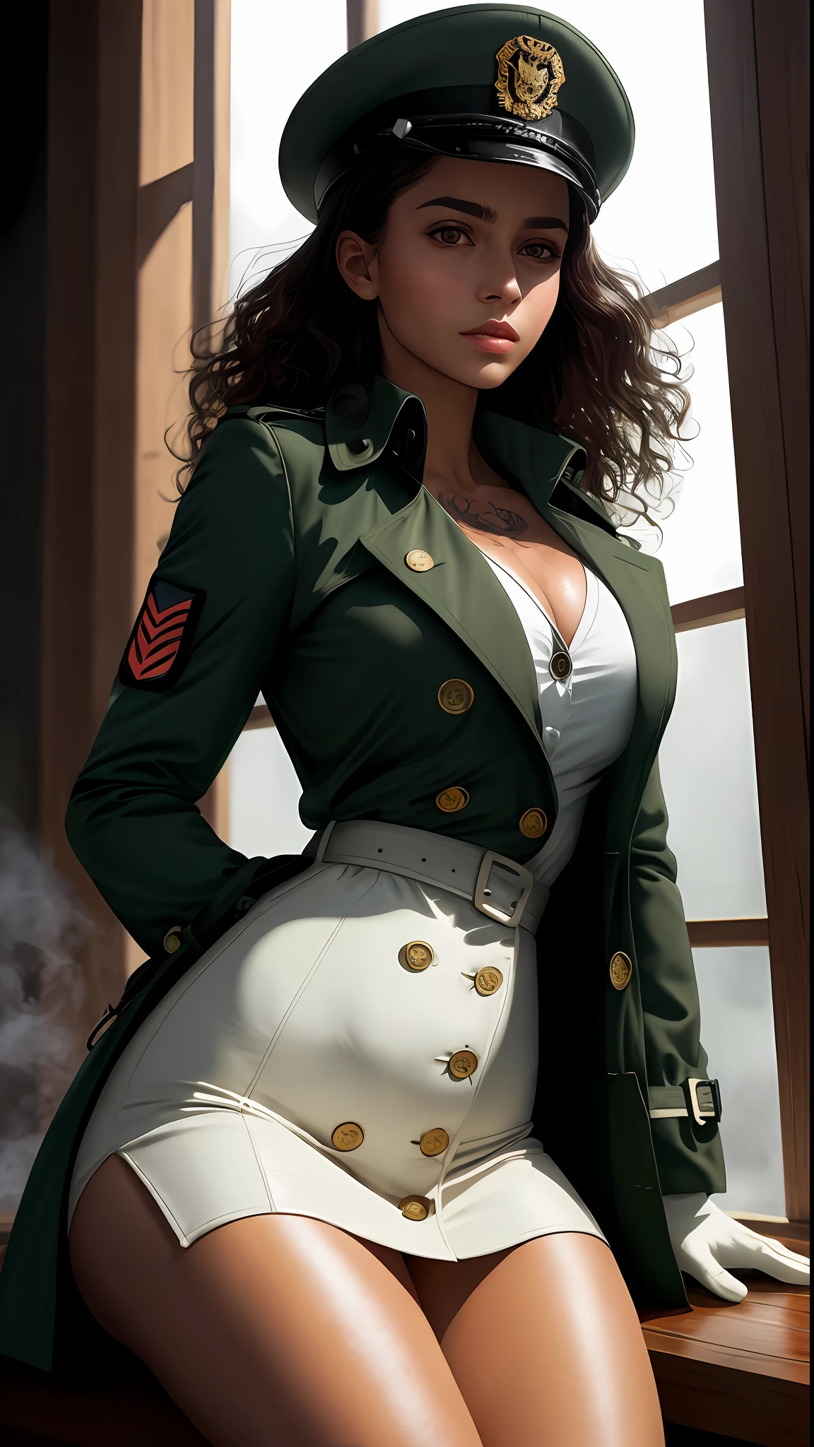 RAW, masterpiece, super fine photo with best quality, super high resolution, realistic, full body portrait, stunningly beautiful, dynamic pose, delicate face, vibrant eyes, 1 girl, red face, slightly open lips, wet body, full and symmetrical breasts, raised buttocks, tight green long trench coat, trench coat length to knees, two-breasted buttons, gold buttons, trench coat completely covering the body, black military cap, black gloves, dark brown long knee-length boots, wavy curls, tattoos, chest close-up, buttocks close-up, Multiple angles, black sky, dark background, dim lamp, dynamic angle, flowing, thighs up, graceful sitting, window, dim lighting, dark tone background, very detailed background, detailed face, detailed neat background, gorgeous, milky white, high detail skin, realistic skin details, visible pores, clear focus, volumetric fog, 8k UHD, DSLR, high quality, film grain, fair skin, realism, lomography, In the utopian metropolis of the future, as seen from below,