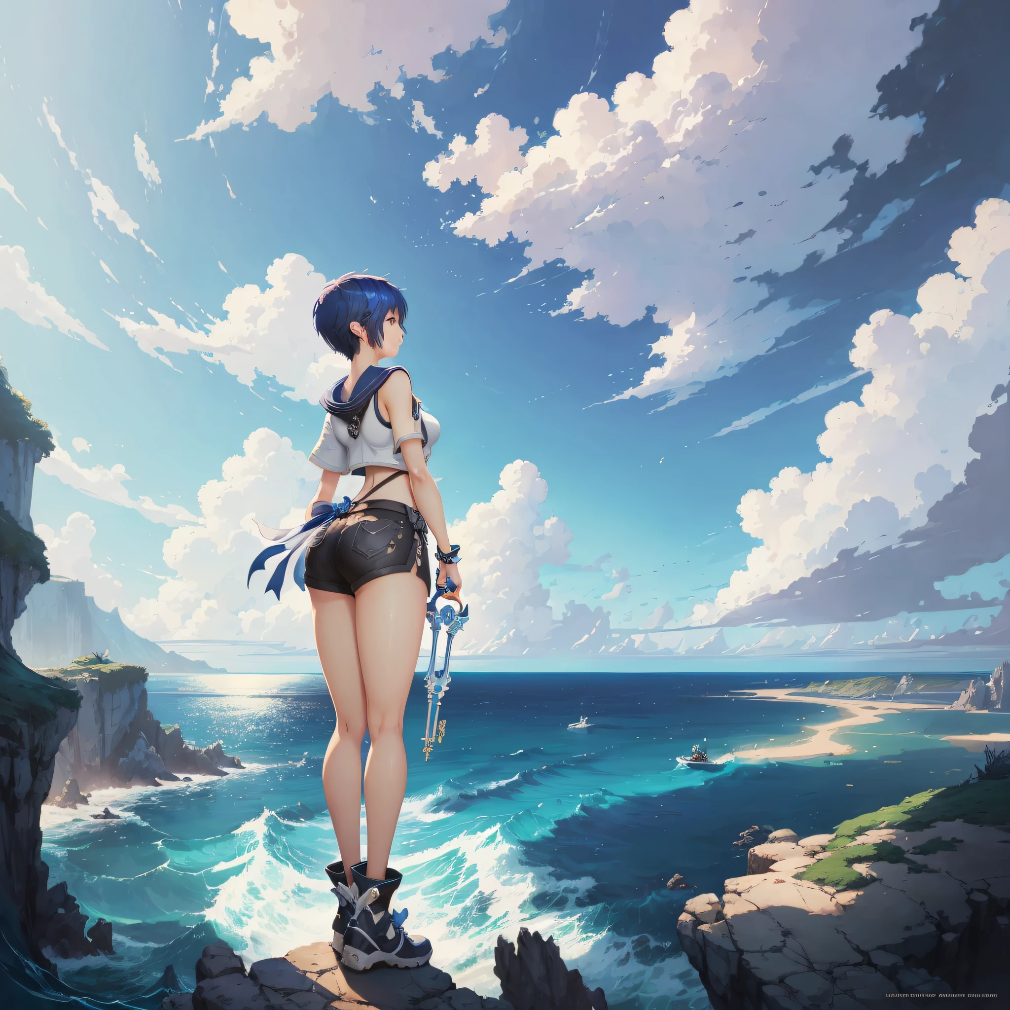 kingdom hearts, girl, short blue hair, keyblade, full body view, prims outfit, kingdom hearts art style, ocean background, loose white sailor top, best quality, ultra-detailed, masterpiece, illustration, digital illustration, by makoto shinkai, stanley artgerm lau, wlop, rossdraws, --auto