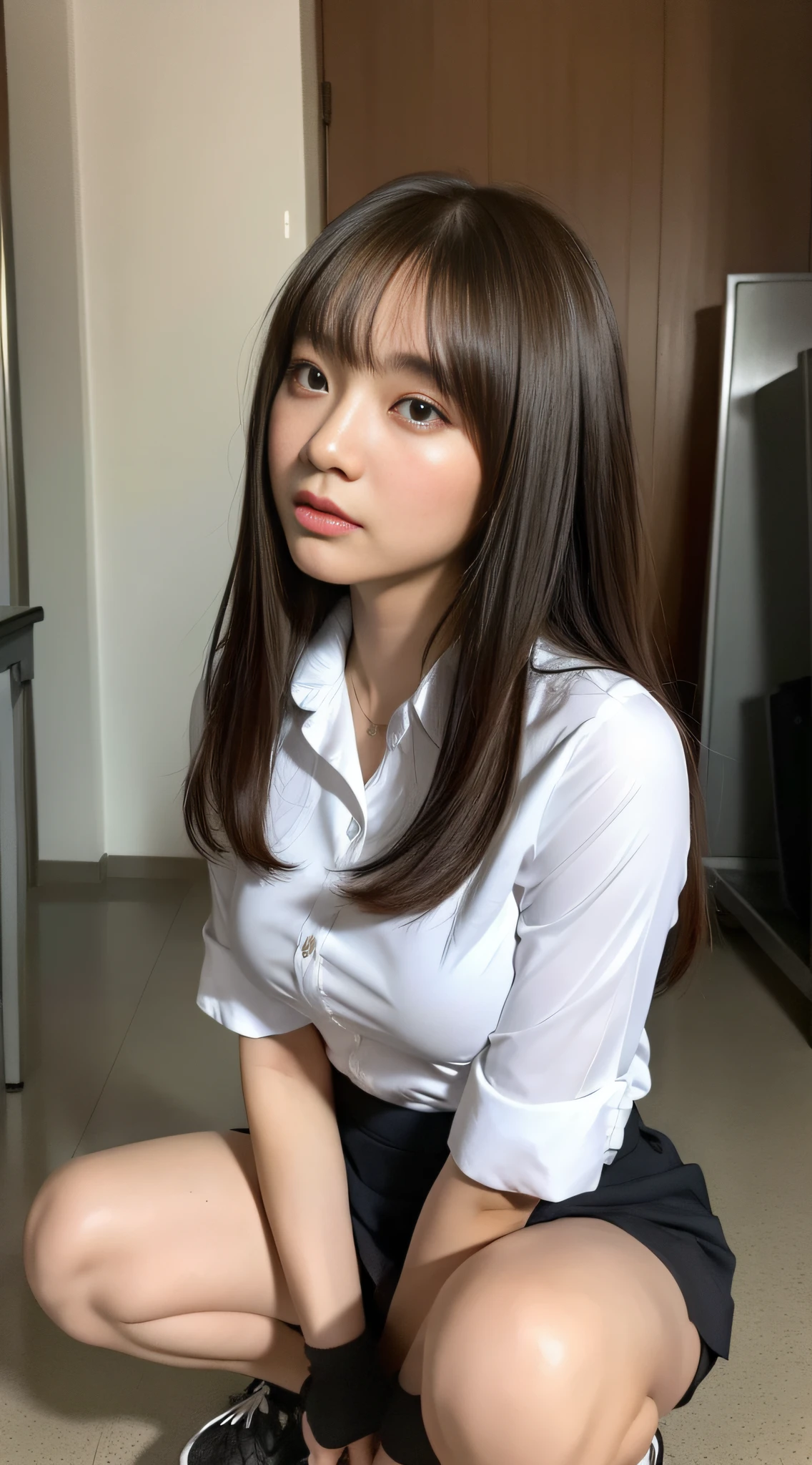 (Big: 1.0), In the Warehouse (Uniform), ((Asian Squat)), (Squat), Masterpiece, Top Quality, High Definition, Dull Bangs, Blouse, Mini Skirt, Socks, Very Thin Panties, One Girl, (Surreal), (Illustration), (High Definition), (8K), (Very Detailed), (Best Illustration), (Best Illustration), (Beautifully Detailed Eyes), (Best Quality), (Very Detailed), (Masterpiece), ( Wallpaper), (Face Detail), RAW Photos, (Photorealistic: 1.37, Realistic), High Definition CG Unified 8K Wallpaper, (Thickness: 1.5), (Big: 1.5), ((Straight from the front)), (HQ Skin: 1.8, Glossy Skin), 8k UHD, DSLR, Soft Lighting, High Quality, Film Grain, Fujifilm XT3, ((Upper Body: 1.6) )、