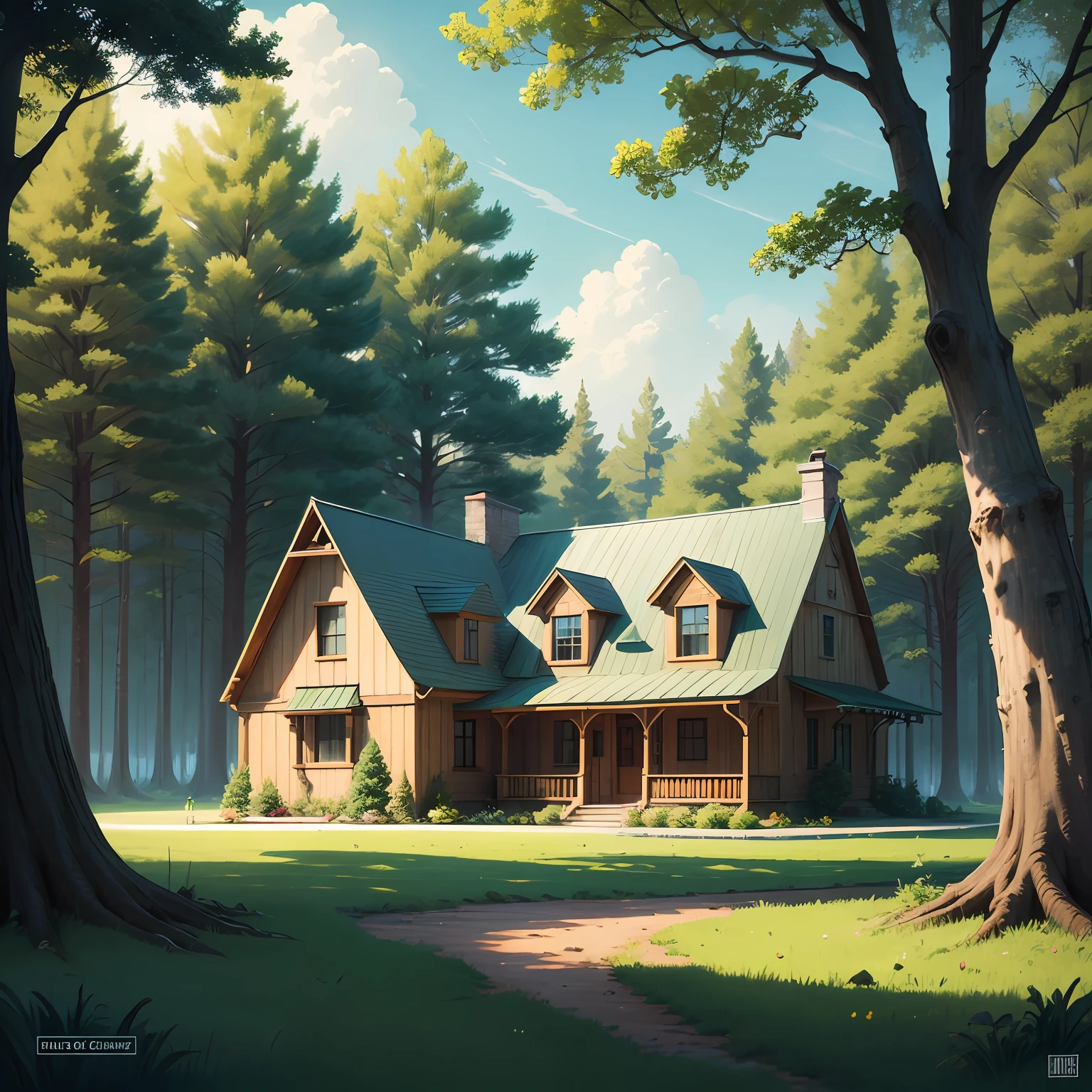 "Draw an American-style house in a wooded field, with a touch of cartoon Gravity Falls drawing" --auto