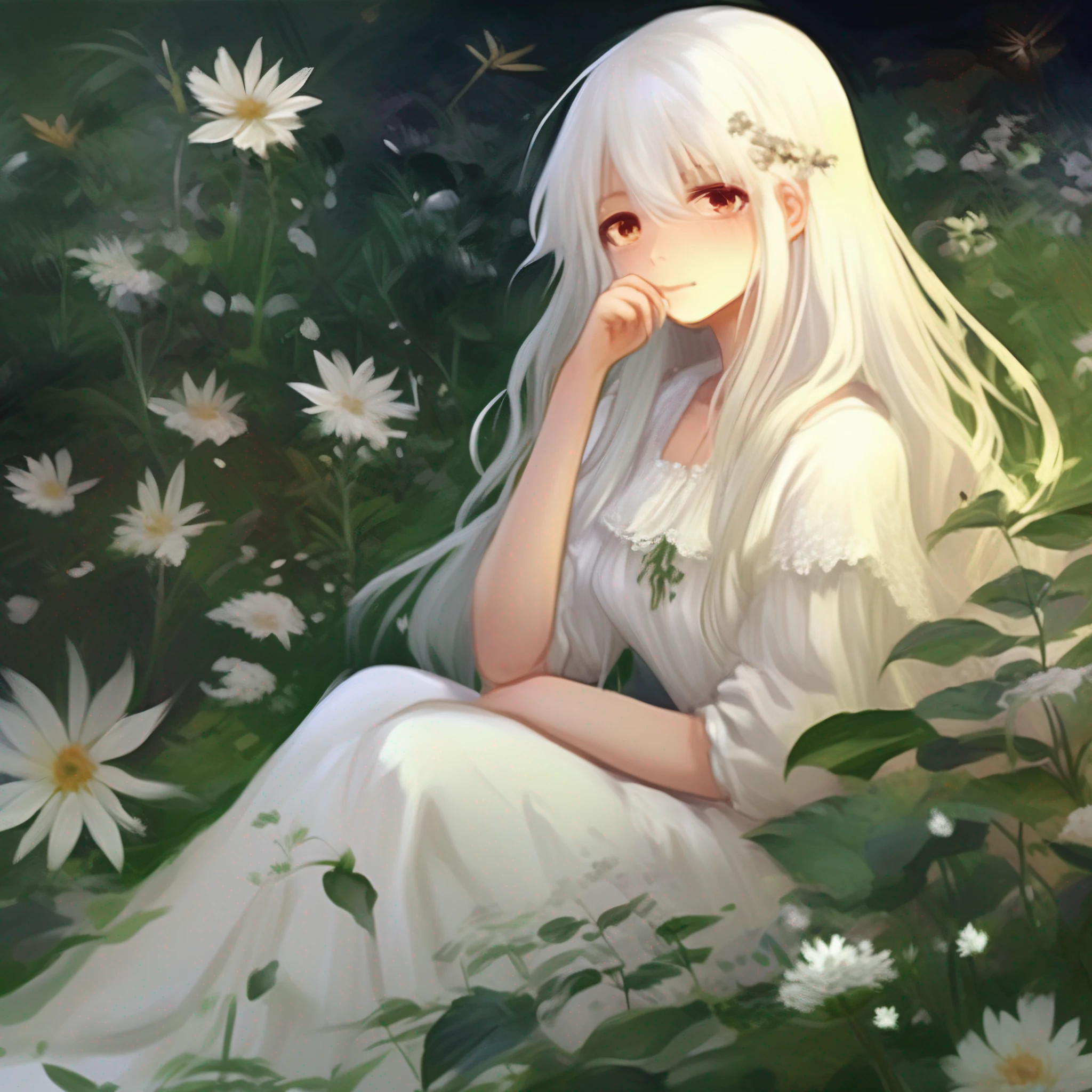 (masterpiece, best quality),1girl with long white hair sitting in a field of green plants and flowers, her hand under her chin, warm lighting, white dress, blurry foreground