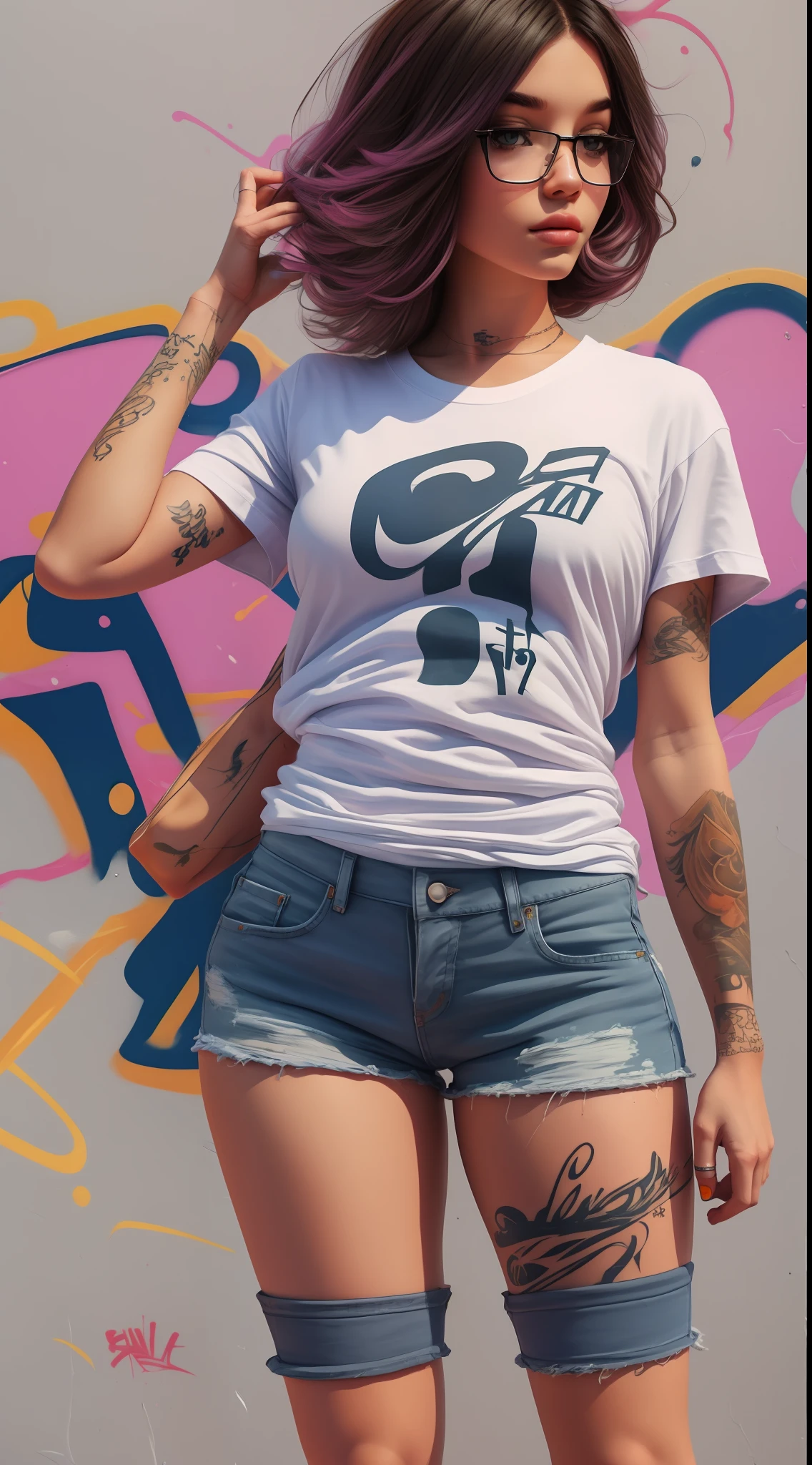 1beautiful nerd girl, big breasts, white t-shirt, tattoos, abstract background graffitti