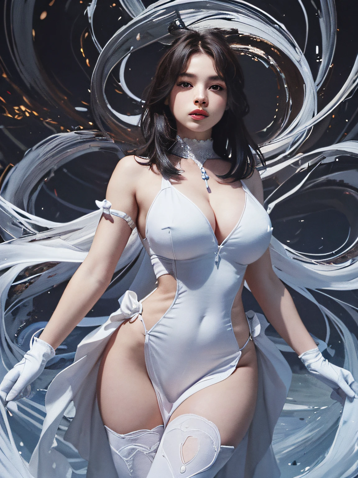 ((masterpiece:1.2, best quality)), cowboy shot, (dynamic pose), floaty hair, ultra detailed, Ultra-precise depiction, Ultra-detailed depiction, (zentangle:1.2), 1girl, very wide hips, big breast, (muumuu dress:1.0), (skindentation:2.0), thigh highs, high gloves, (abstract:1.2),