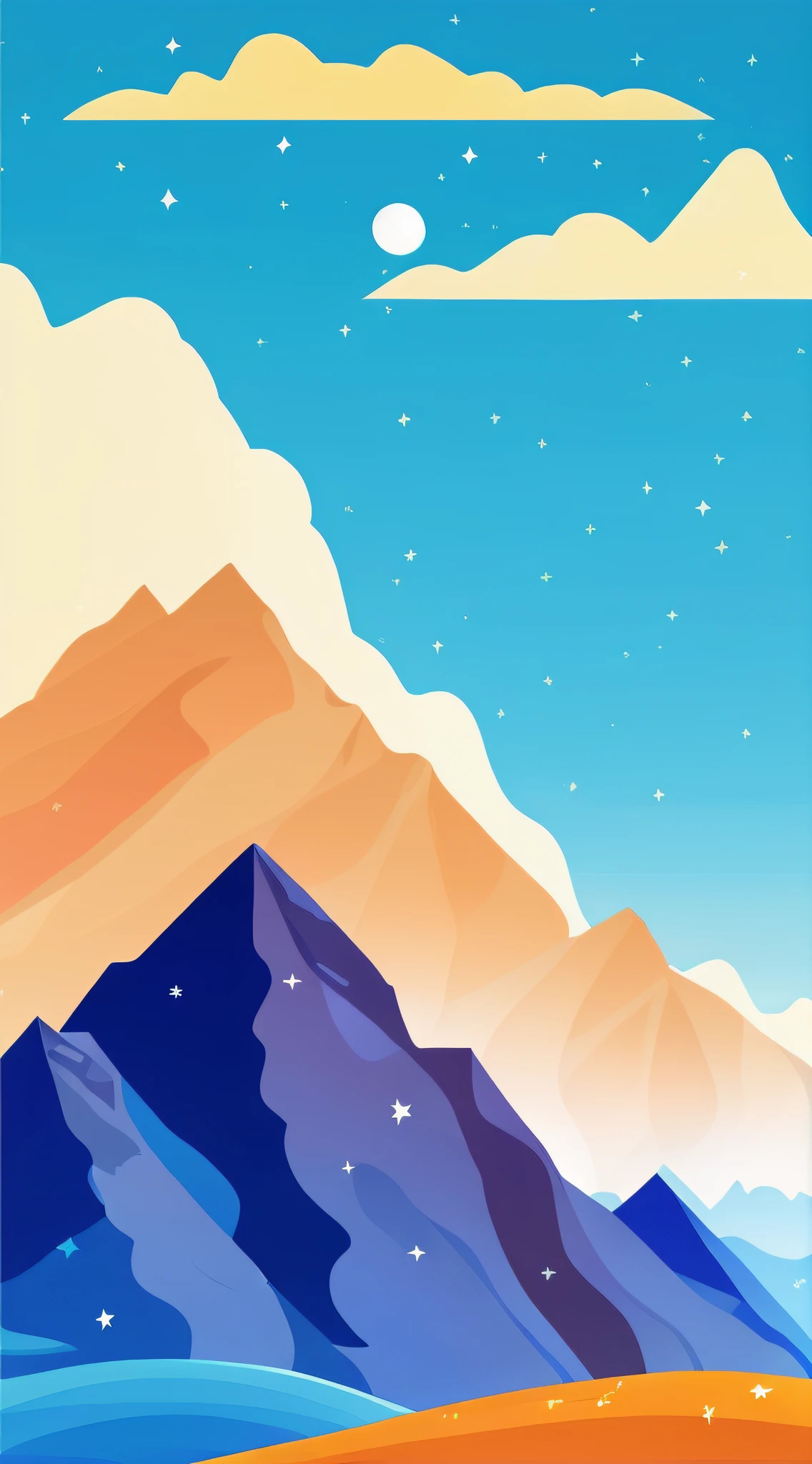 Vector illustration, mountains in the distance, blue sky,