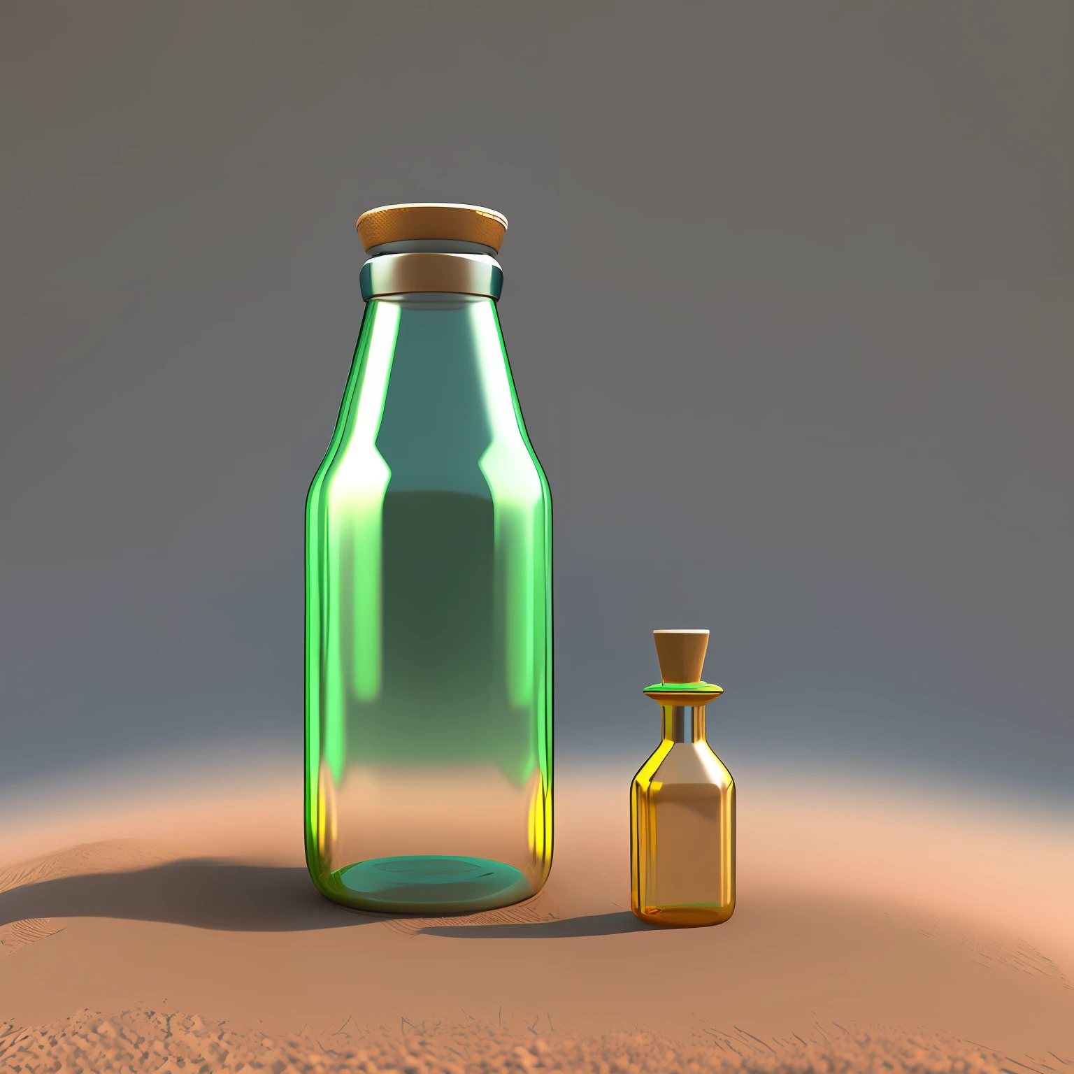 Transparent glass bottle, with stopper and with a roll of paper inside, is on the desert sand, it is night, you can see the milky way, 8k resolution, fractal isometric details, 3d rendering, octane rendering, intricately detailed, cinematic, trend in the sketch of the art station, lines in bold, on paper, highly detailed and sharp focus, Hyper-realistic photo effect, highly detailed