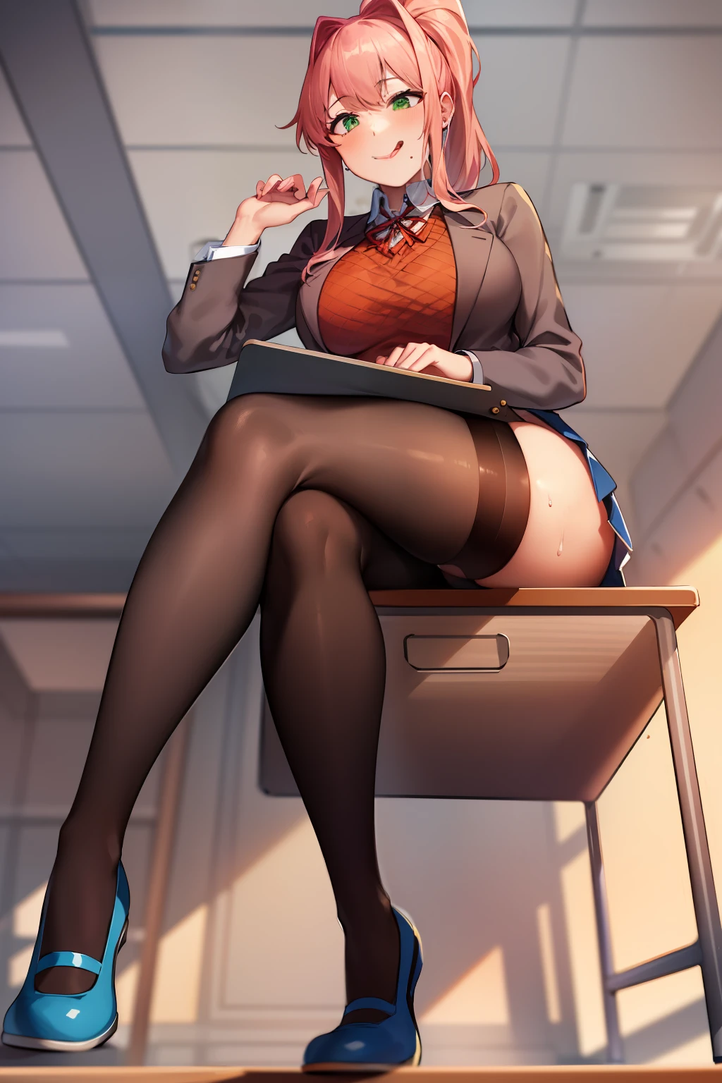2d, masterpiece, best quality, anime, highly detailed, 1girl, solo, monika, green eyes, very long hair, ponytail, school uniform, straight-on, smile, (full body:1.5), giantess, smile, (from below:1.5), thick thighs, looking down at viewer, upskirt, (large breasts:1.3), field, (looming:1.3), mature female, high quality, hd quality, masterpiece, photorealistic, (presenting foot, shoe soles, close-up foot:1.3), intense angle, :d, (sitting on desk:1.6), very low angle, female pervert, toragao, (sitting:1.5), (white undershirt, orange sweater:1.2), (brown jacket:1.4), (absolute territory, black thighhighs:1.4), (uwabaki:1.5), full body in frame, (classroom, indoors:1.3), clasroom desk, blue skirt, (hand on desk:2), (one hand at side:1.6), (licking lips, licking own lips:1.1), (sweat:1.2), anime girl sitting on a desk with her legs crossed, hyperrealistic schoolgirl, realistic schoolgirl, a hyperrealistic schoolgirl, seductive anime girl, smooth anime cg art, thighs close up, thighs!!!, beautiful anime girl squatting, commission for high res, large thighs, extremely detailed artgerm, sitting on a desk, on a desk