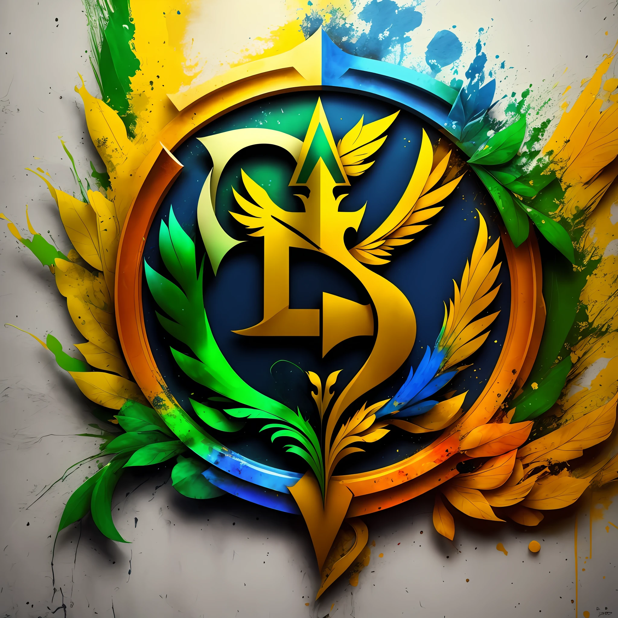 Create a logo (art) painted on the wall with colors, blue and yellow and green, coat of arms --auto