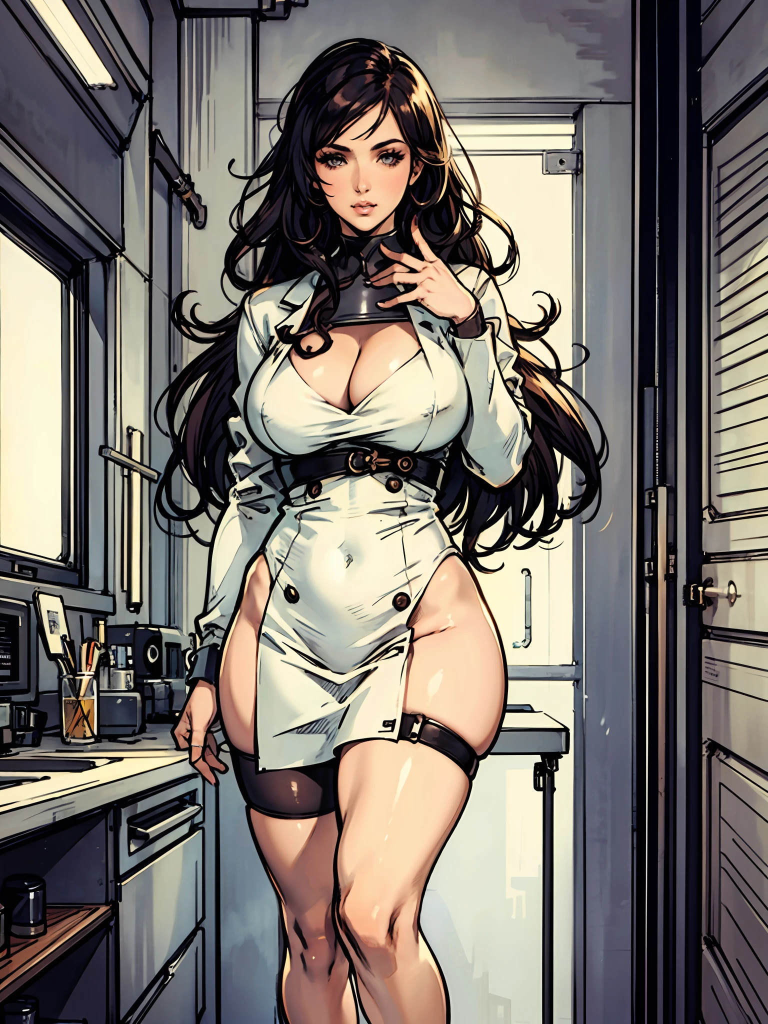 beautiful kim kardashian with long curly hair, wearing lab coat and with stethoscope, huge chest tiny waist hourglass figure, standing and full body inside research facility, character portrait, 1 9 6 0 s, long hair, intricate, elegant, highly detailed, digital painting, arts station, concept art, soft, sharp focus, illustration, art by wlop, charlie bowater and alexandra fomina, ultra realistic, 8k --auto --s2