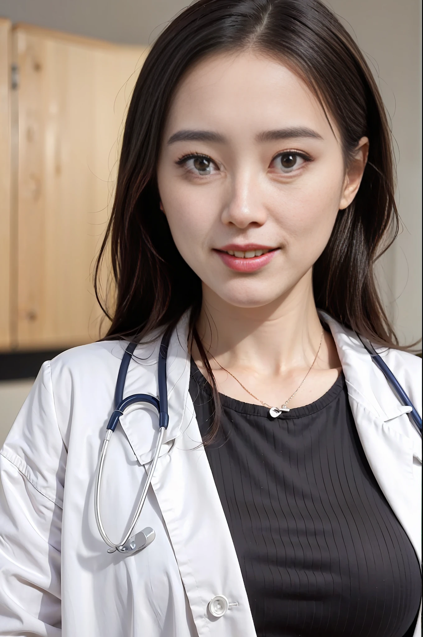((female doctor, resident)), (cowboy shot:1.25), hair behind ear, happy tears, streaming tears, (ight smile, shy:1.15), Surrealism, Realism, depth of field, cinematic lighting, backlighting, symmetry, bokeh, f/1.8, Eye-Level Shot, 85mm, Hasselblad, UHD, masterpiece, high quality, high details, best quality, highres, HD, 16k, 8k, 4K, award winning, unity, an extremely delicate and beautiful, extremely detailed, Amazing, finely detail, masterpiece, best quality, official art, absurdres, incredibly absurdres, huge filesize, ultra-detailed, highres, extremely detailed, beautiful detailed girl, extremely detailed eyes and face, beautiful detailed eyes, light on face, 18 years old, (white doctor coat:1.5), (surgical gown:1.3), (black wavy top-pony-tail hair style:1.2), (slender:1.15), (huge-breasted:1.25), (narrow waist:1.15), (clinic monitor room background:1.25), detailed background,