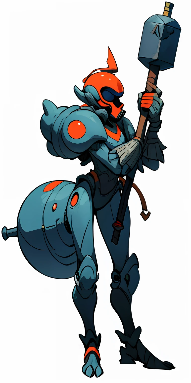 "Artwork, alien creature, line style, white background, side view, full body, holding hammer on shoulders, warrior helmet, four-legged."
