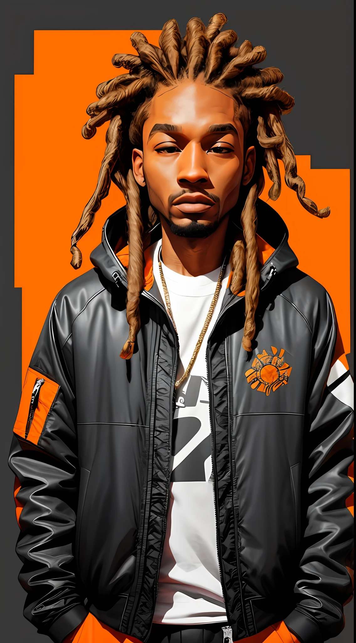 1 rapper with dreads hair, orange techwear jacket, minimalist abstract background