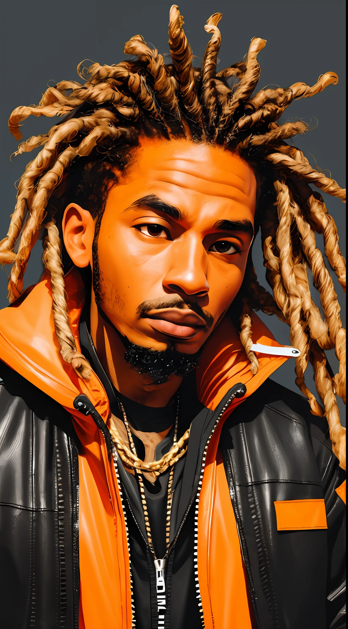 1 rapper with dreads hair, orange techwear jacket, minimalist abstract background