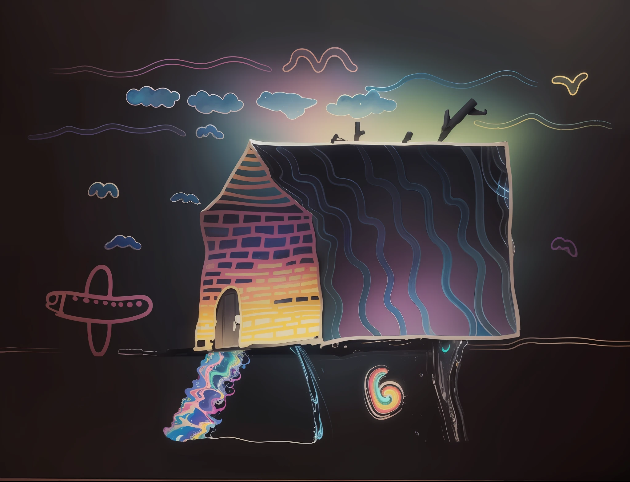 Drawing, a house, with many windows and doors, on a sunny day, tarot card, khokhloma, rainbow marble, dark vibrant colors, electric colors, neon colors, lisa frank, cosmos, rainbow, electrifying art, ink alcohol, color frequencies, thermograph, smile, heart in eyes, laughing, happy, concept art, UHD, anatomically correct, super detail, high detail, award winning, best quality, highres, watercolor style --auto --s2