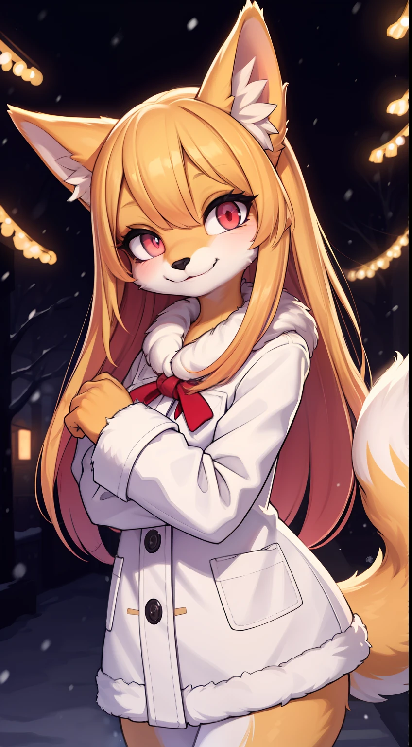 Fox girl, furry, furry, golden fur, golden face fur, long blonde hair, eyes with light, red eyes, super cute face, brown elements on fur, white coat, beautiful lights and shadows, ambient light, super fine fur, volumetric light, night, natural lighting, smile, fluffy tail, color contact lenses, Christmas background, snow, bright pupils, smiley