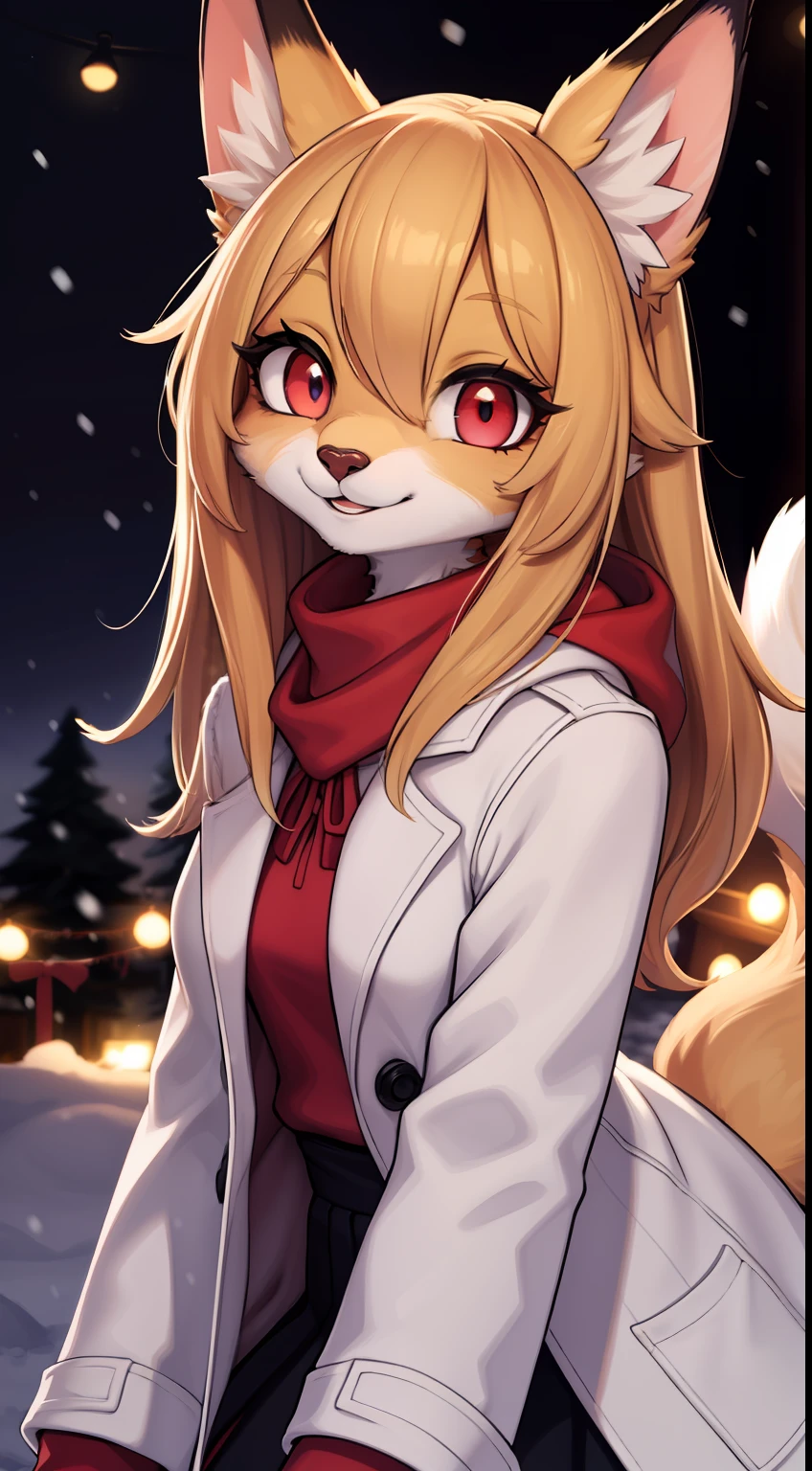 Fox girl, furry, furry, golden fur, golden face fur, long blonde hair, eyes with light, red eyes, super cute face, brown elements on fur, white coat, beautiful lights and shadows, ambient light, super fine fur, volumetric light, night, natural lighting, smile, fluffy tail, color contact lenses, Christmas background, snow, bright pupils, smiley