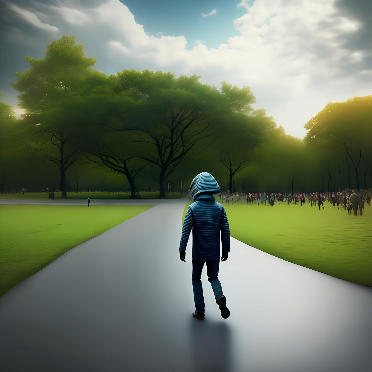 Central park, at dawn, cloudy and rainy, an alien dressed as a convict in a horizontal striped suit, walks with large TV in his hands, 8k resolution, fractal isometric details, 3d rendering, octane rendering, intricately detailed, cinematic, trend in the sketch of the art station, bold lines, on paper, highly detailed and sharp focus, Hyper-realistic photo effect, highly detailed