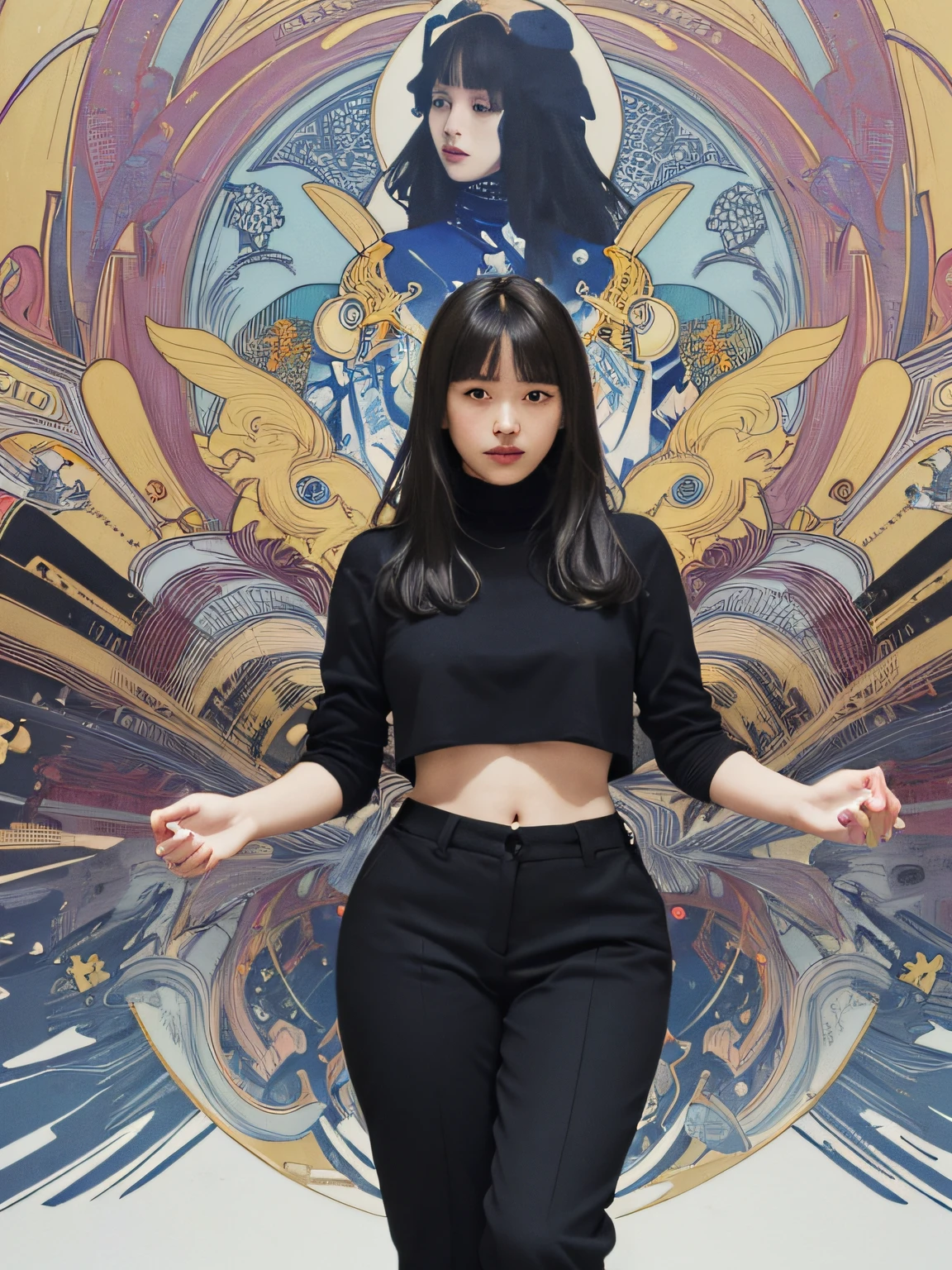 official art, unity 8k wallpaper, ultra detailed, beautiful and aesthetic, beautiful, masterpiece, best quality, (organic, geometric, harmonious, kaleidoscopic), urban jungle, mythological creatures, otherworldly, transcendent realms, inner peace, nature's embrace, magnetic allure, dark and mysterious, a cubist perspective, rich textures, art nouveau, by alphonse mucha, jenny saville, hikari shimoda, ai weiwei, banksy, gustav klimt, egon schiele, yayoi kusama, roy lichtenstein, julie mehretu, immersive, play of light and darkness, (nsfw:0.9),abdomen,Red turtleneck, gray wool trousers, (deep shadow, low key)