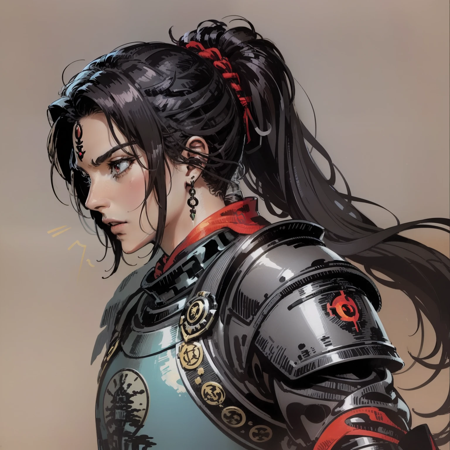 (absurd, highres, ultra detailed, realistic, ), 1 Create an anime-style illustration depicting a warrior, with black hair tied up in a ponytail, red eyes and Tupi Guarani features, and wearing black plate armor.
