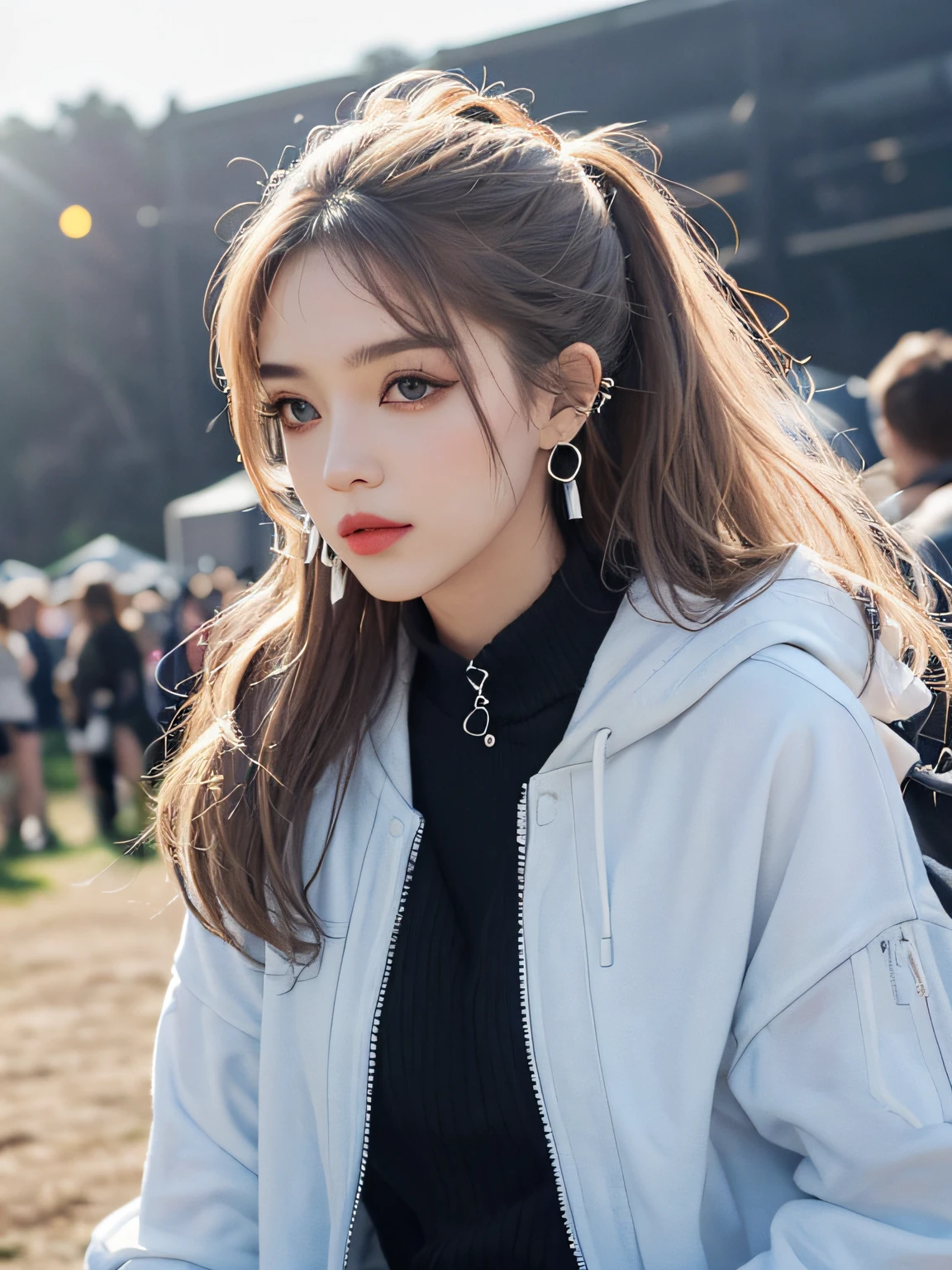 (masterpiece:1.2, best quality), (1lady, solo, upper body:1.2), Hair: shaved on one side, long on the other side, dyed bright blue, Makeup: bold, graphic eyeliner with rhinestones on the outer corners of the eyes, Clothing: a handmade, one-of-a-kind, patchwork jacket with fringe, paired with black leather shorts and fishnet stockings, Accessories: a silver nose ring and multiple ear piercings with unique jewelry pieces, Attending a music festival or alternative fashion event