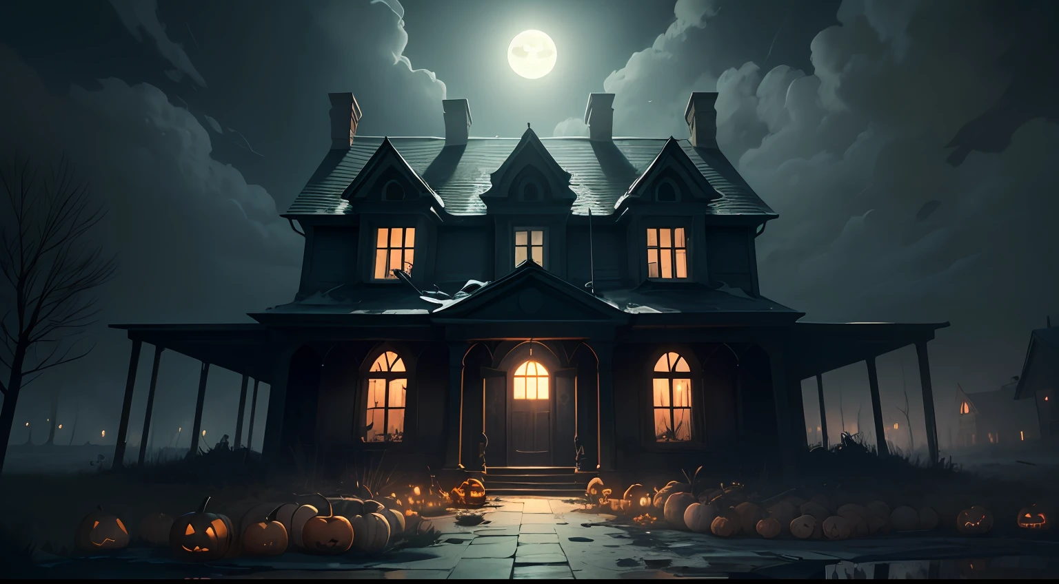 Create an image of an abandoned mansion, with Halloween horror game style, on a dark night with gloomy air