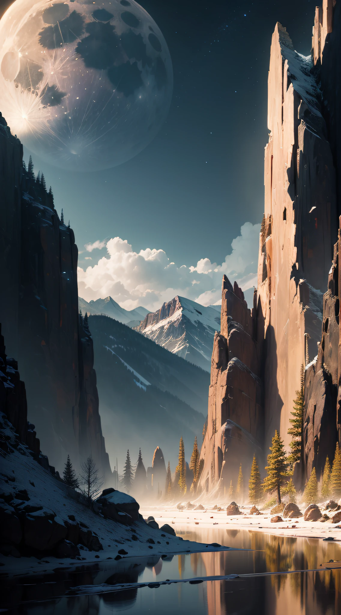 Enter a deep valley, surrounded by majestic rocky mountains that rise to the sky. The atmosphere is dense and gloomy, as if an imminent storm is about to fall. The air is fresh and charged with a mysterious energy. Despite the dark day, the moon shines in the sky, casting its pale rays over the scenery. These lunar rays penetrate through the thick clouds, creating a soft, ethereal illumination. The reflections of the moon dance on the walls of the mountains, creating a breathtaking view. The Rocky Mountains extend in all directions, forming an imposing and unchanging landscape. Its irregular, jagged shapes are enhanced by the silver reflections of the moon, creating a dramatic contrast between light and shadow. Looking around, you notice that the valley is dotted with small streams that wind between the rocks. The crystal clear water timidly reflects the moon's rays, creating a magical and mysterious sensation. Silence envelops the room, only broken by the distant sound of the wind howling between the crevices of the mountains. The wild and unspoiled nature of these mountains conveys a sense of serenity and power at the same time. As you move through the valley, the light of the moon gradually changes, creating an ever-changing atmosphere. The reflections on the walls of the mountains glow and disappear as the clouds move in the sky, providing a dynamic and unique experience. Get ready to marvel at the mystical beauty of the Rocky Mountains as the moon lends its light to create a stunning scenery full of mystery. --auto