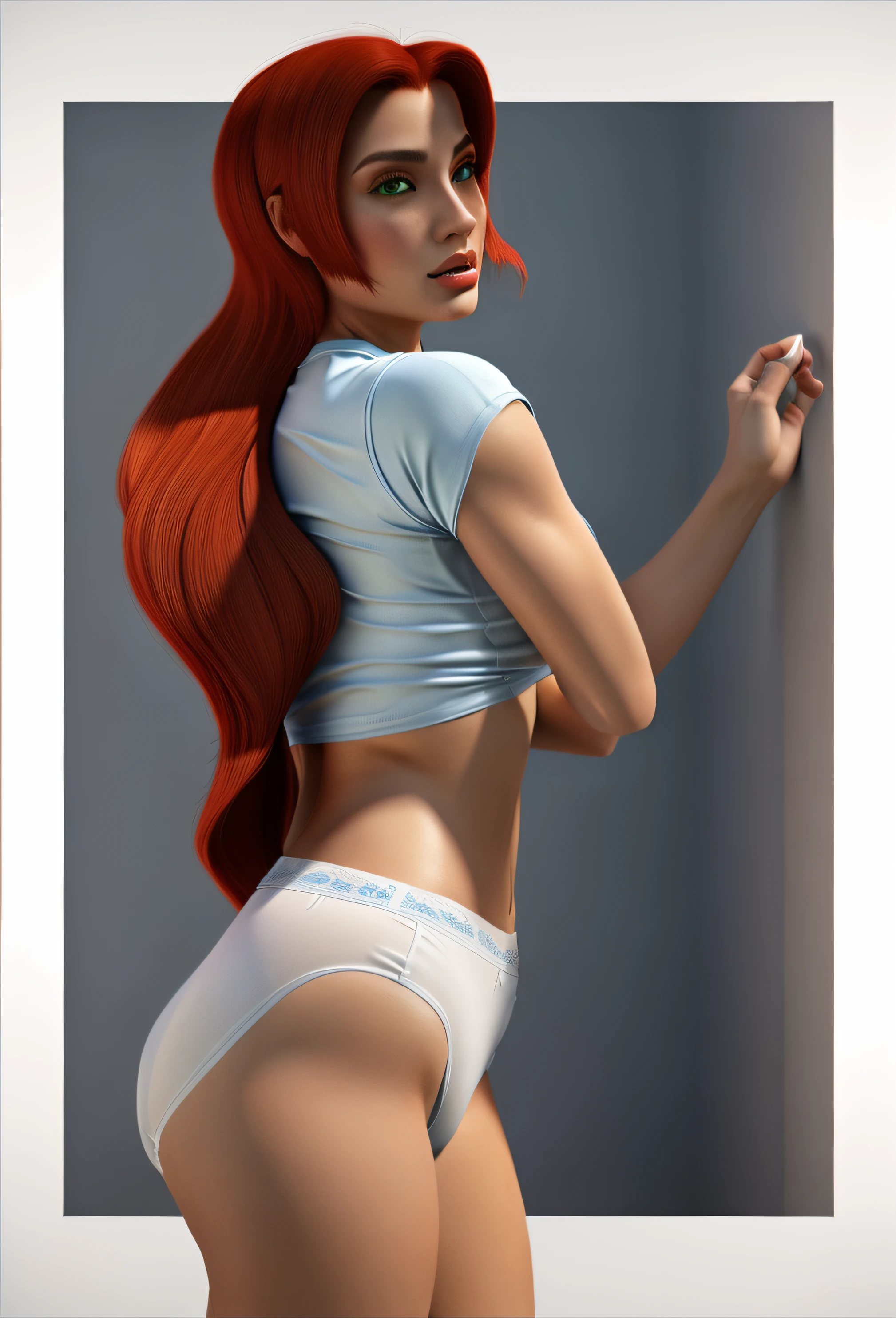 Red haired Curvy Latina with green eyes in blue shirt and white cotton high cut panties, lifting shirt, realistic 3D game model, intricate details