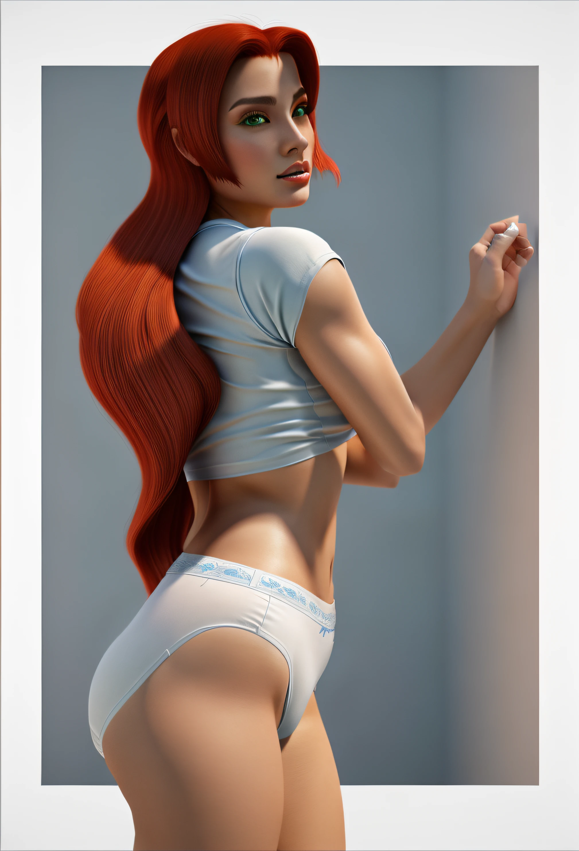 Red haired Curvy Latina with green eyes in blue shirt and white cotton high cut panties, lifting shirt, realistic 3D game model, intricate details