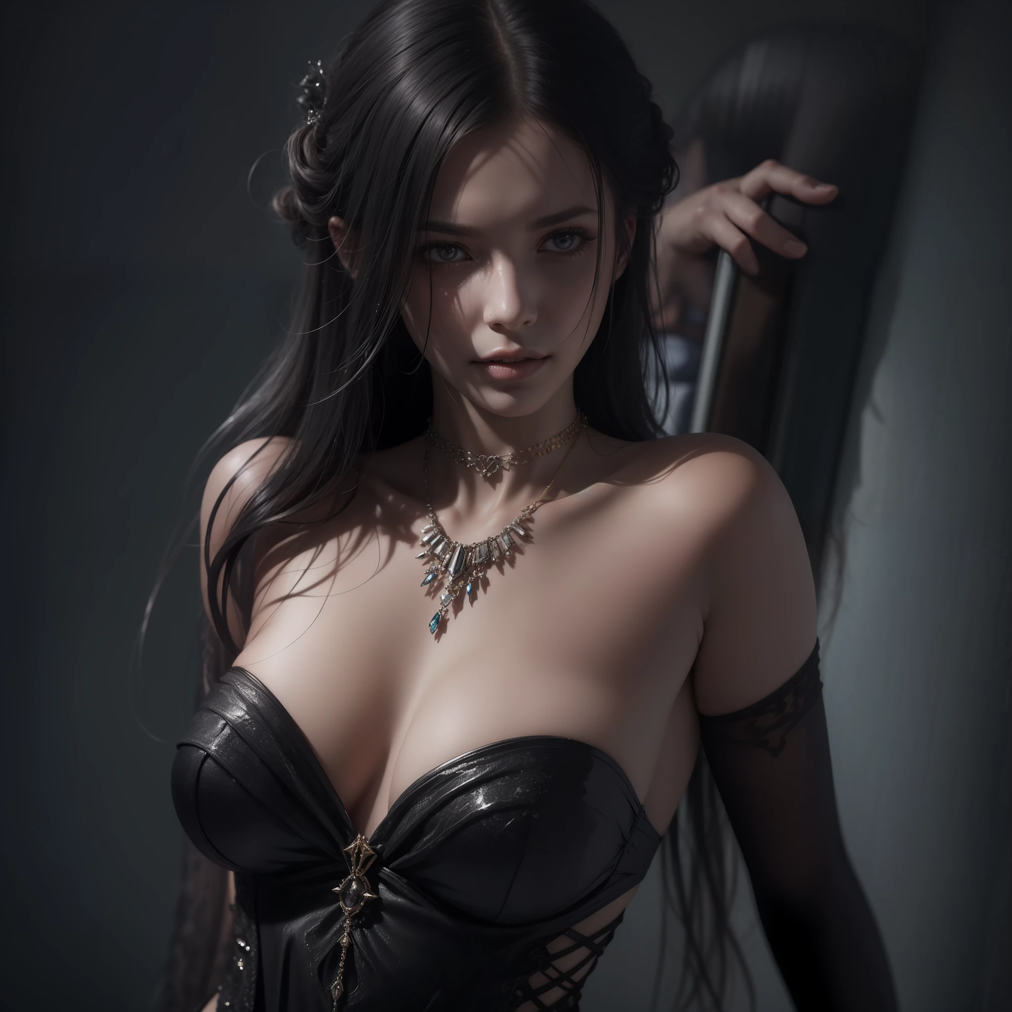 Immerse yourself in the world of darkness and allure with this breathtaking masterpiece. The image showcases a photorealistic portrayal of a seductive woman in an off-shoulder outfit. The scene is enveloped in darkness, with deep shadows and a low-key lighting scheme. A cold light accentuates her figure, adding a sense of mystery and danger. Her disheveled hair exudes sensuality and intrigue. Adorning her neck is an exquisite necklace that enhances her slender appearance. The focus is on her upper body, capturing her enticing and sexy look. The image evokes a feeling of suppressed danger and a haunting atmosphere. Get ready to be captivated by this immersive and provocative artwork. european beauty