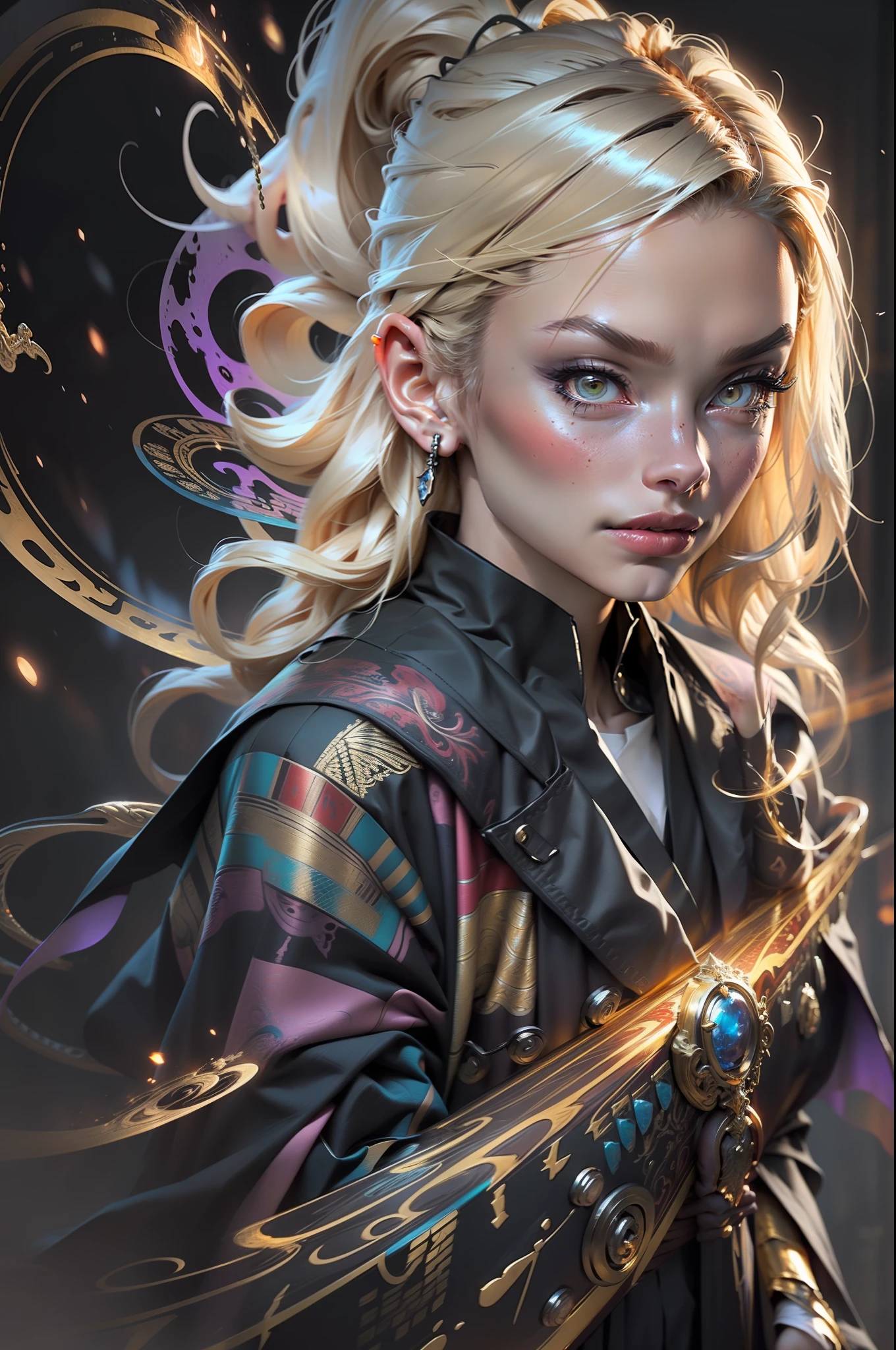 Scarlet witch blonde black robe detail in purple and gold, magical robes, black robe standing on the board, painted in arcane style, flowing magic robe, flowing robes, epic mage character,long robes, fancy robe, spell pose,((detailed face)),((detailed pores)), magic circle in the background, bottom-up photo, imposing,