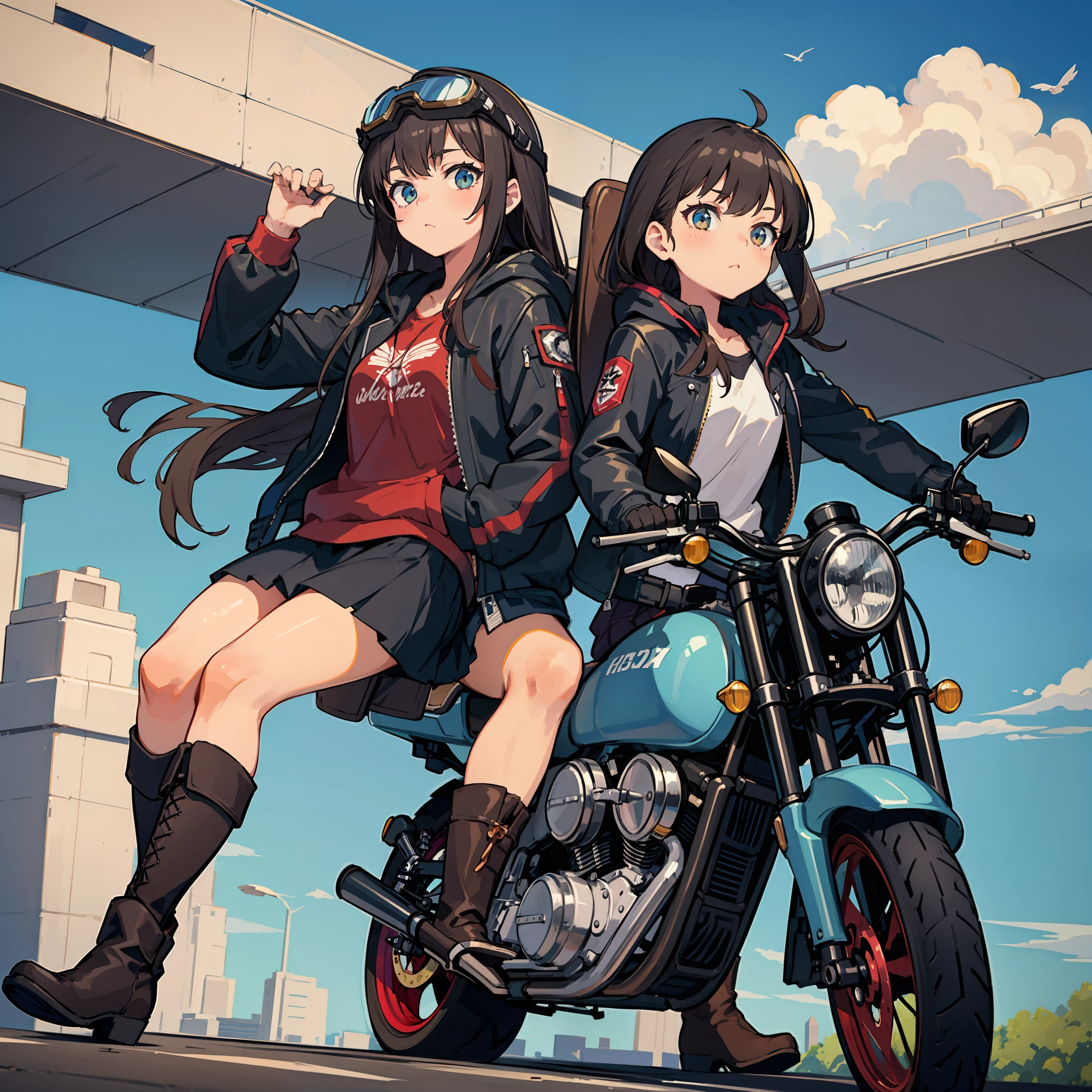 Top quality, masterpiece, high resolution, two beautiful girls, black hair long hair, brown hair shortcut, fluttering hair, travel, motorcycle, touring, two seater, SR400, horizon, continent, country road, flight jacket, riders jacket, hood, goggles, helmet hot pants, mini skirt, knee support, boots, clear weather, blue sky,