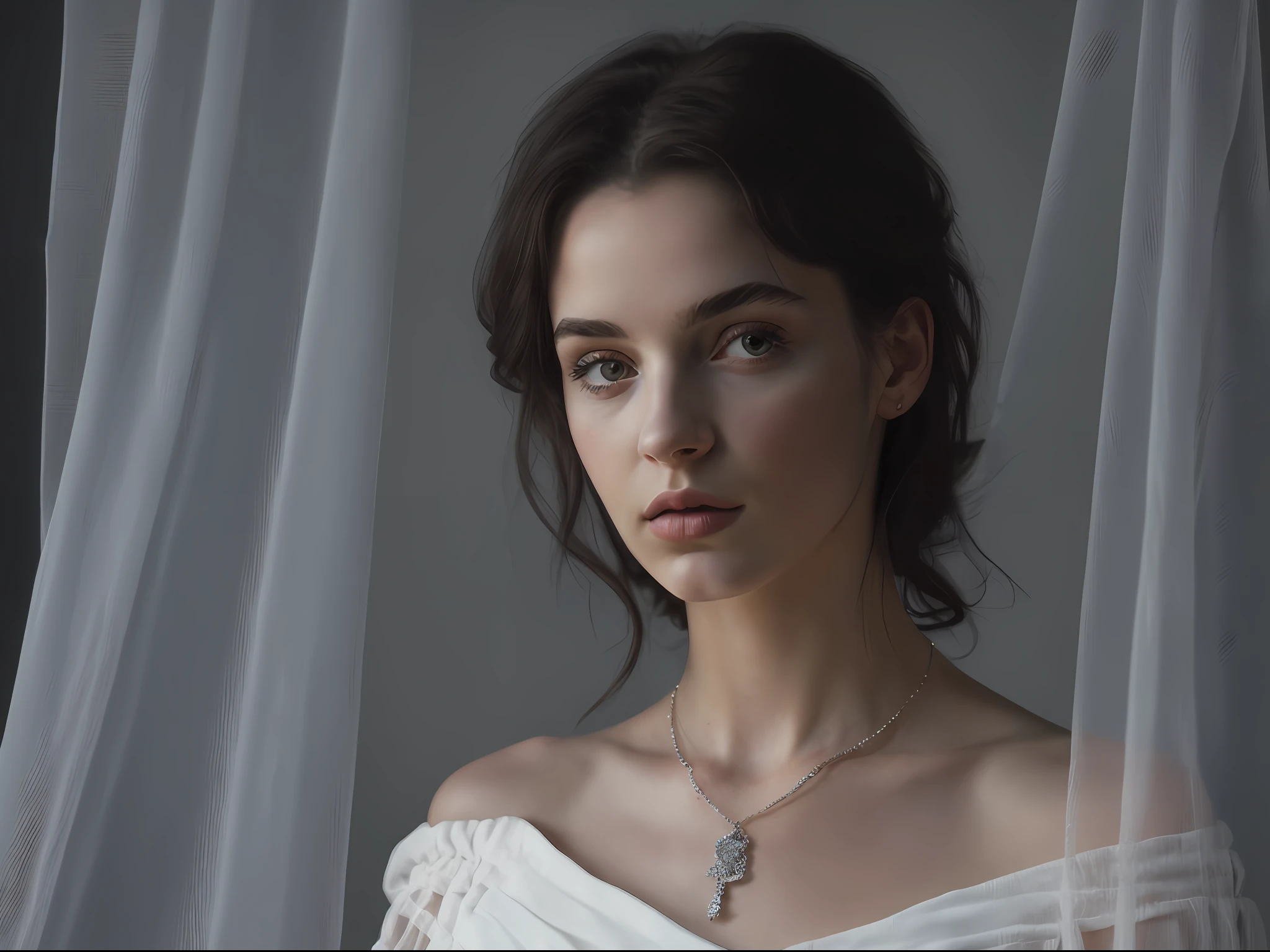 A mesmerizing work of art, this masterpiece captivates with its photorealistic portrayal of a seductive woman. The image showcases a high-resolution photograph in raw format, allowing for the utmost clarity and detail. The subject, a gorgeous woman, exudes a sexy aura as she poses in an off-shoulder ensemble. The scene is set in darkness, with deep shadows and a low-key lighting scheme that accentuates her alluring features. Her disheveled hair adds a touch of wildness to her look. A delicate veil drapes over her, adding an air of mystery. She adorns a beautiful necklace that complements her slender neck. This artwork is a testament to the artist's skill in capturing sensuality and beauty.